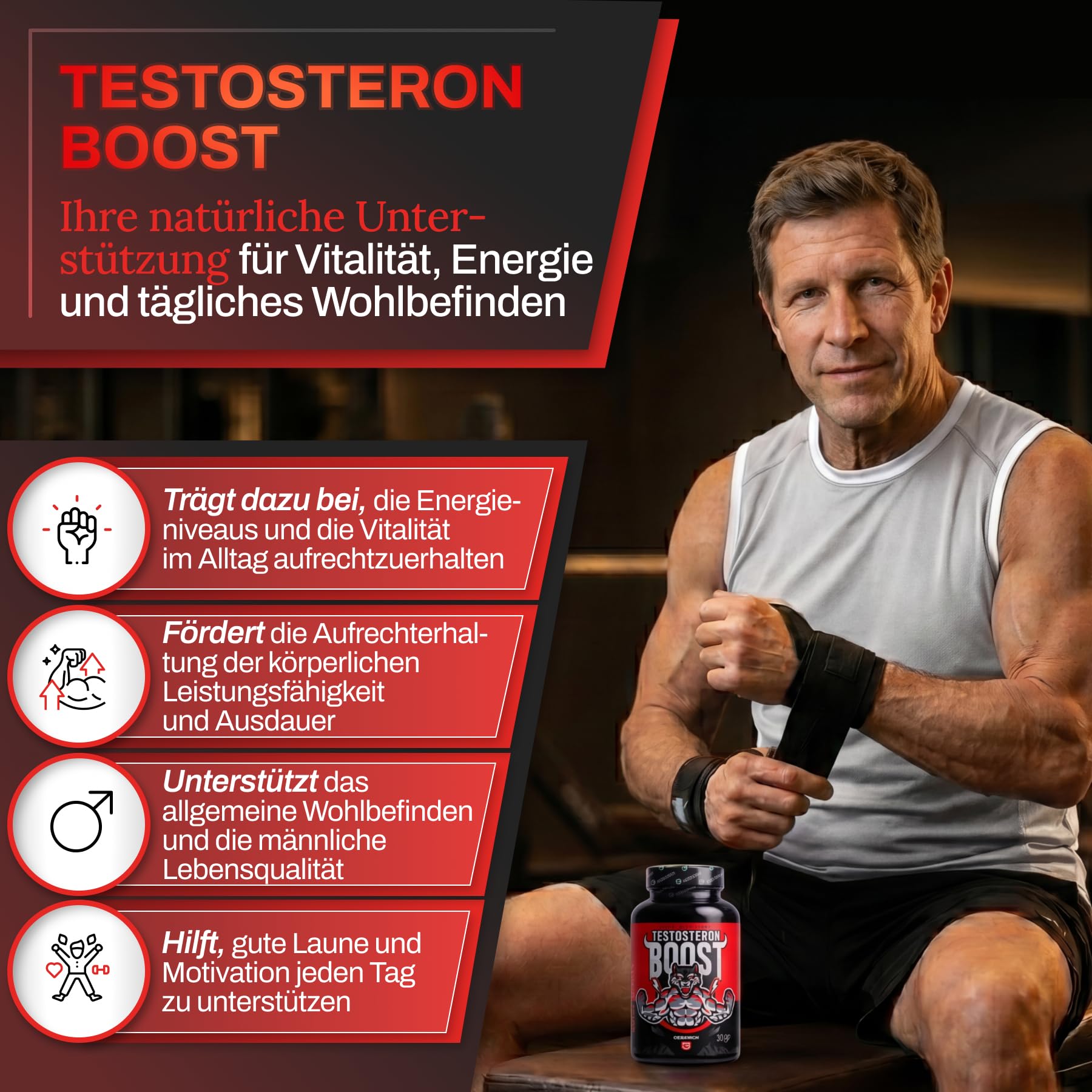 Kapseln TESTOSTERON BOOST | Nahrungsergänzungsmittel für Männer mit Maca, L-Arginin, Ginseng, Sägepalme, Vitamin C, Vitamin B3, Vitamin E, Zink und Selen | 30 Kapseln