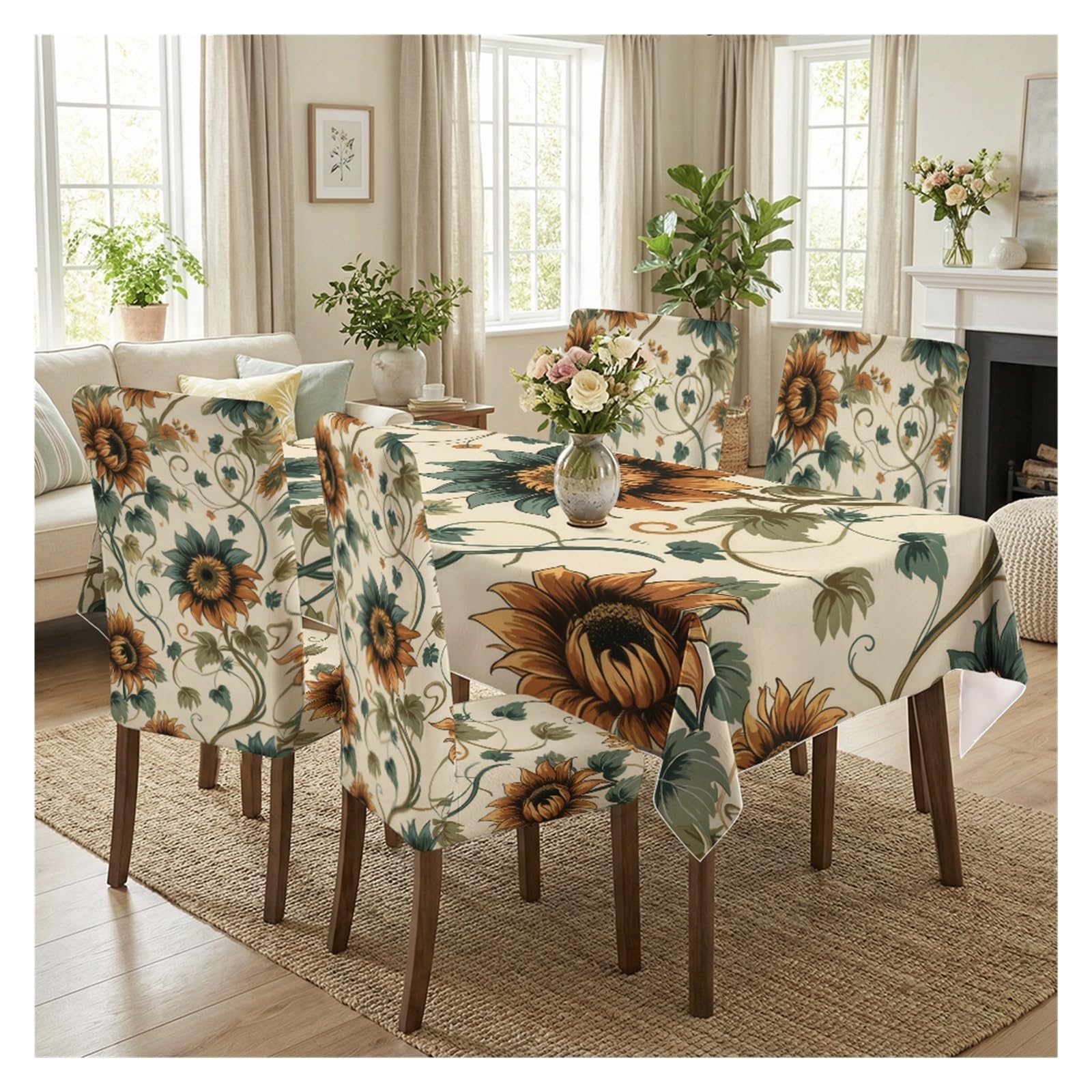 BOSUYBN Vintage Sunflower Floral Print Dining Tablecloth & Chair Cover Set, 5/7 Piece Slipcovers For Dining Kitchen Table Setting(5pcs Set: Tablecloth+Chair Covers)