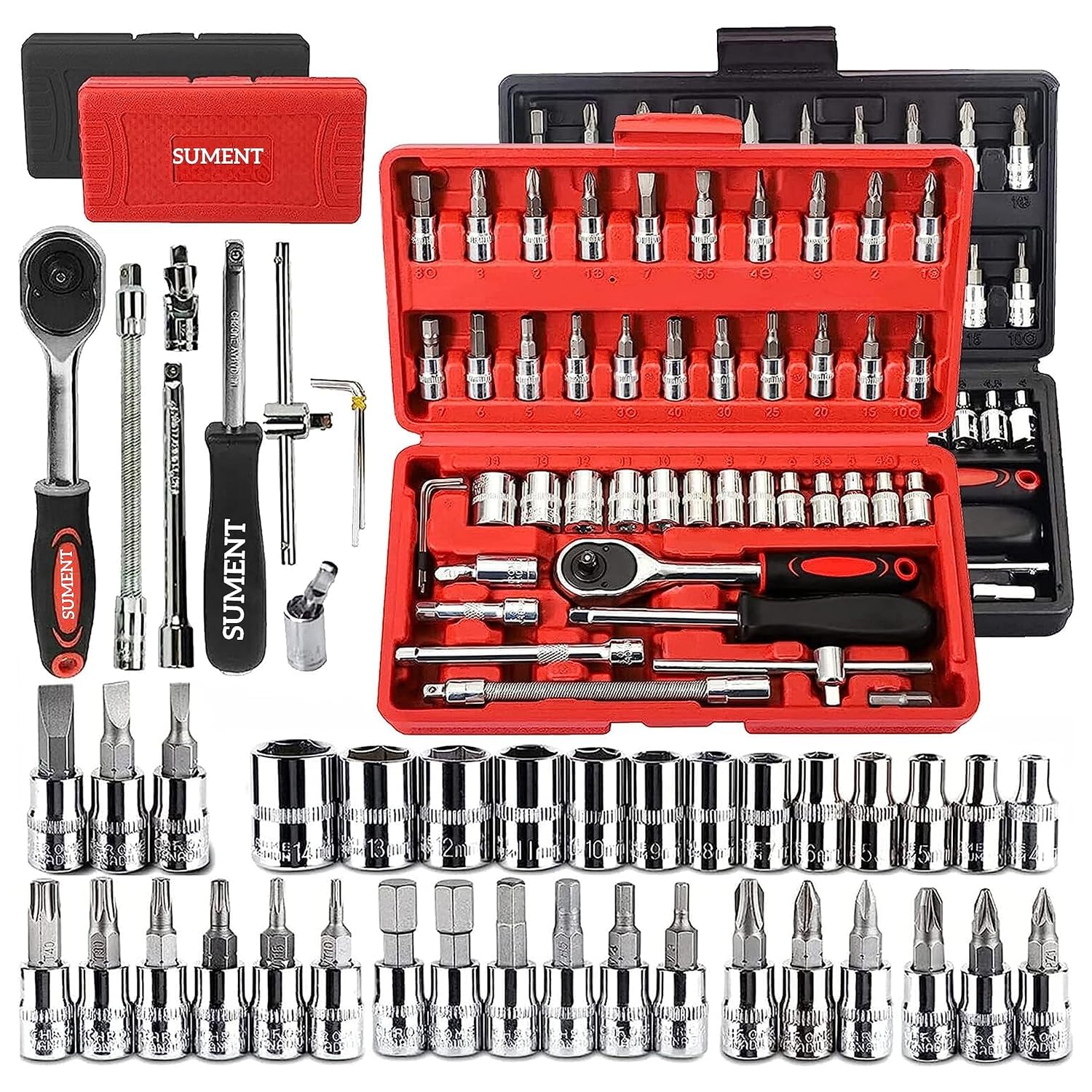 THREE STAR ENTERPRISE Tool Kit 46 Pieces Socket Wrench Set with 1/4 inch Drive Mechanic Tools Kit Ratchet Screwdriver Sockets Kit(46 PCS)