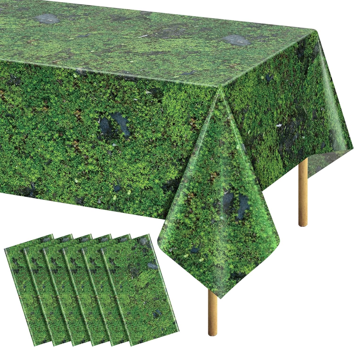 6Pcs Green Moss Plastic Tablecloths Grass Green Leaf Table Cloth Disposable Rectangle Table Cover for Soccer World Cup Nature Forest Jungle Golf Theme Party Decorations, 54 X 108inch