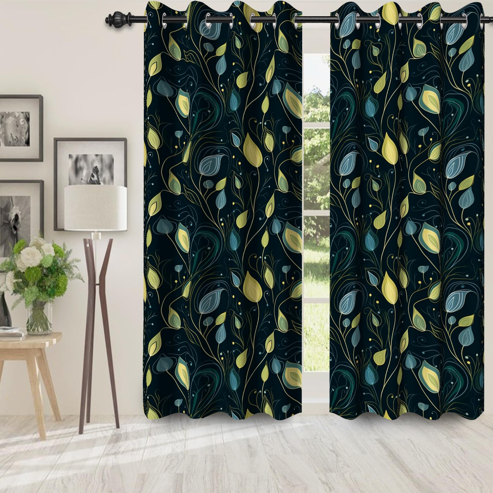 Yanutan Yellow Teal Leaves Blackout Curtains for Bedroom/Living Room,2 Panels Sets Window Curtain,Blue Cyan Plant Leaves Botanical Thermal Insulated Printed Curtains with Grommet,42" Wx84 L