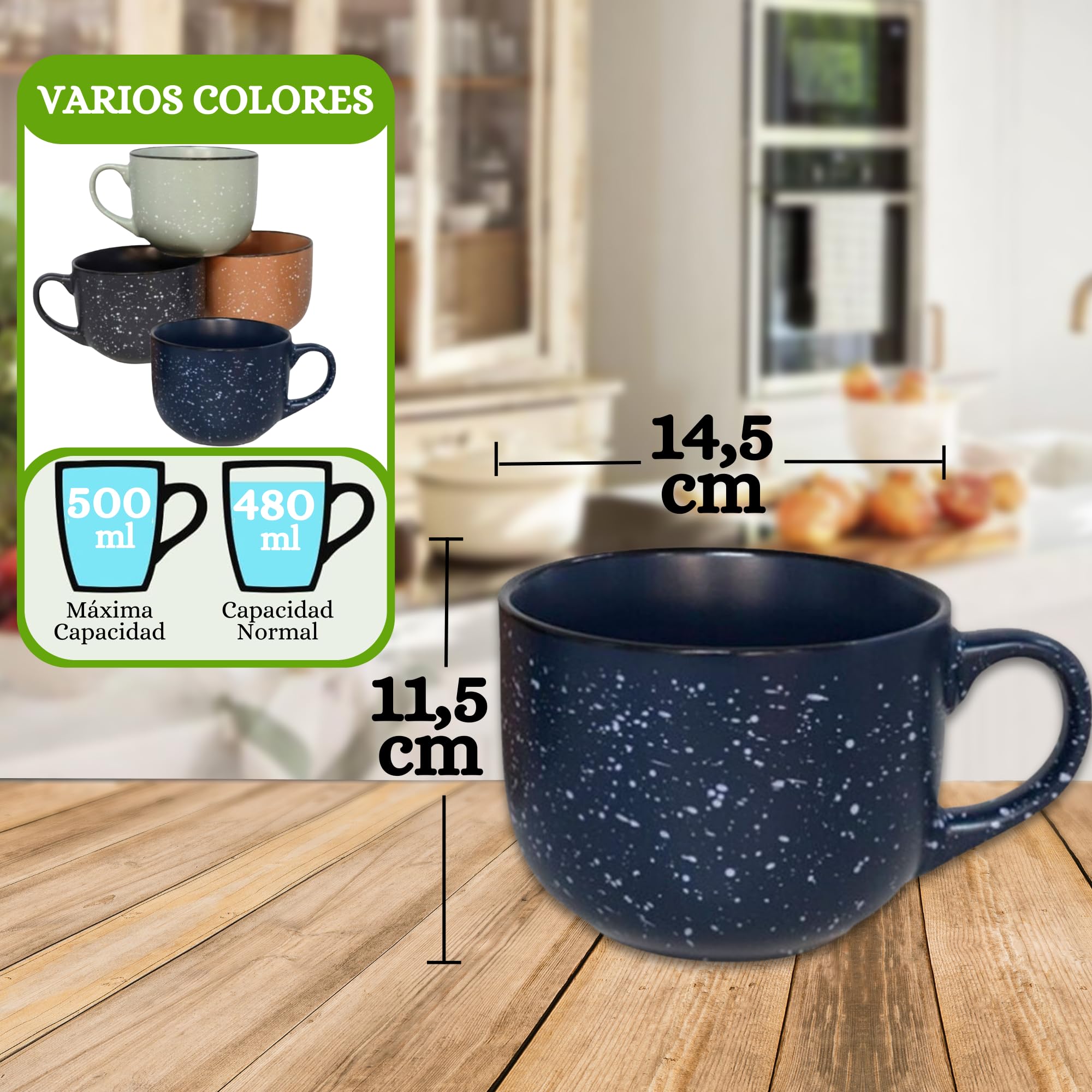 Set de 4 Tazones de Cerámica 500 ml - Diseño Moderno con Acabado en Colores Elegantes - para Café, Desayuno, Té, Sopas o Cereales - Resistentes y Apta para Microondas y Lavavajillas - No Pierden Color