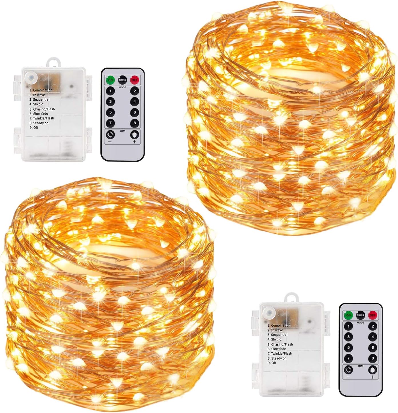 Kohree 2 Pack 33FT 100 LEDs Fairy Lights Battery Operated with Remote Control Timer, Outdoor String Lights with 8 Modes for Bedroom Room Decoration, Fit for Wedding Halloween
