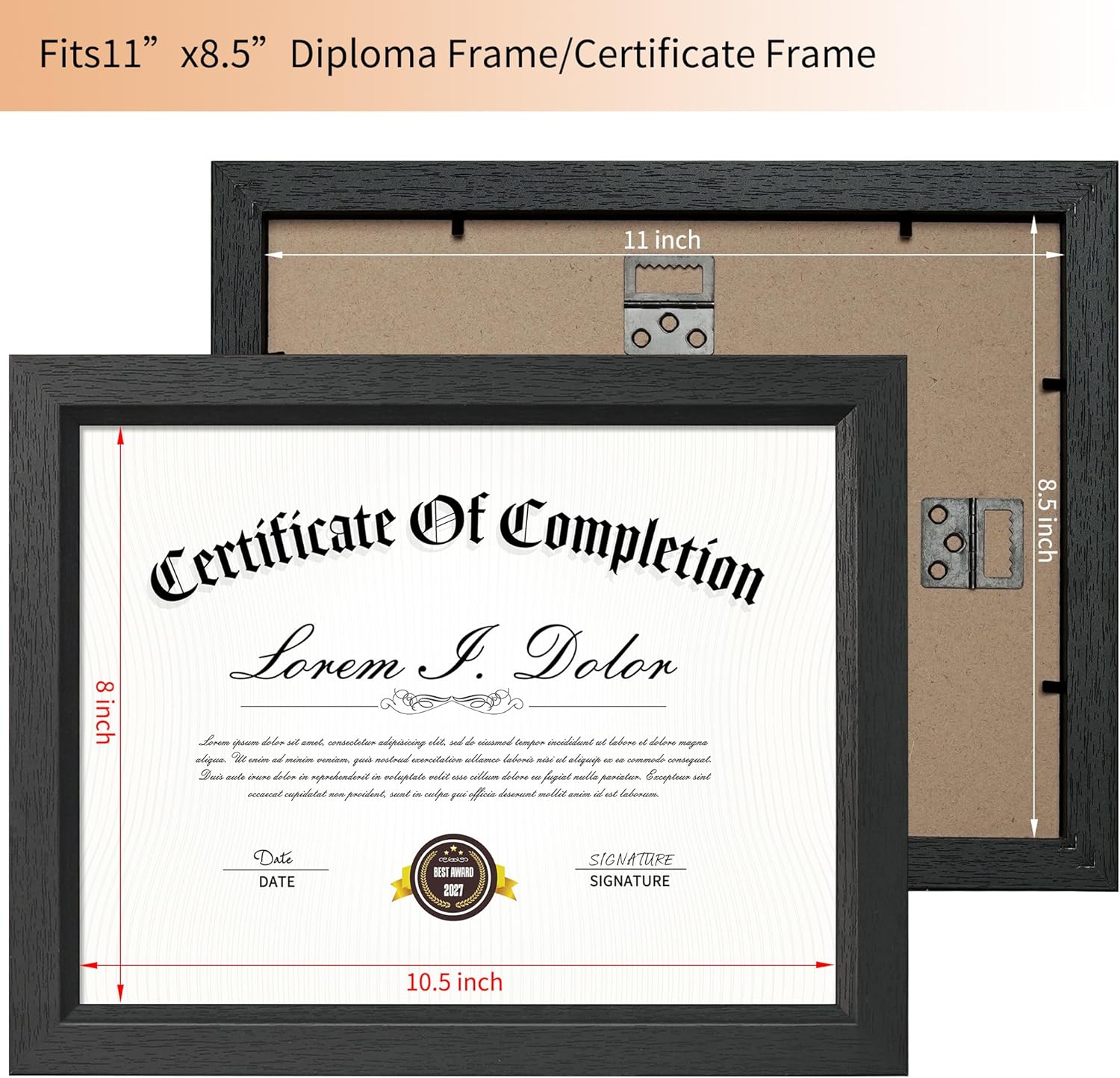 8.5x11 Certificate Frame with Tempered Real Glass, 8.5 by 11 Diploma Frame for Tabletop and Wall Display, Black Wood Grain Document Picture Frame, Set of 2