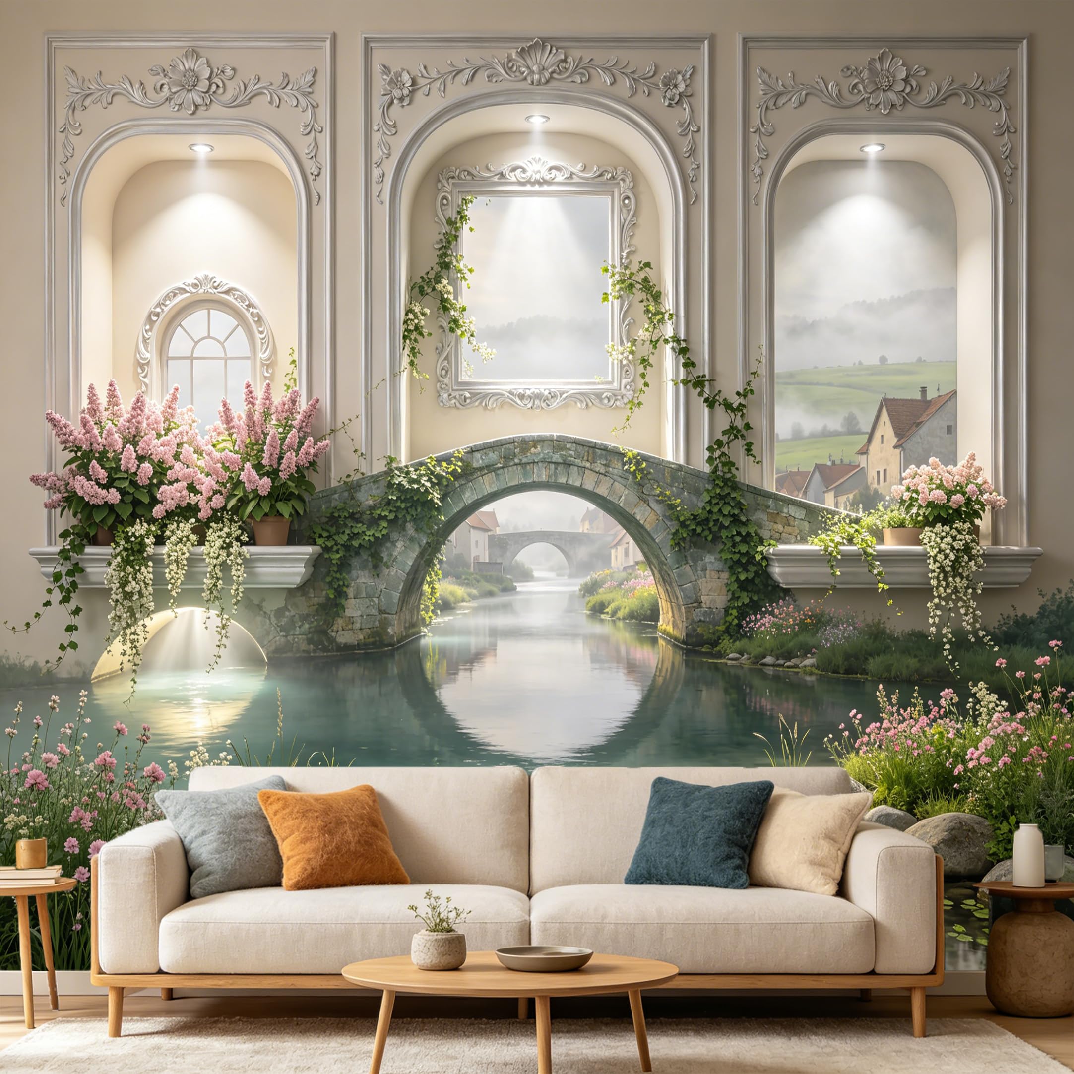 Custom Size Wall Mural， European Stone Bridge Archway Landscape， 3D Trompe L'Oeil Scenic View， SelfAdhesive Art Prints wall Fabric Removable Large Wallpaper Home Living Room Decor