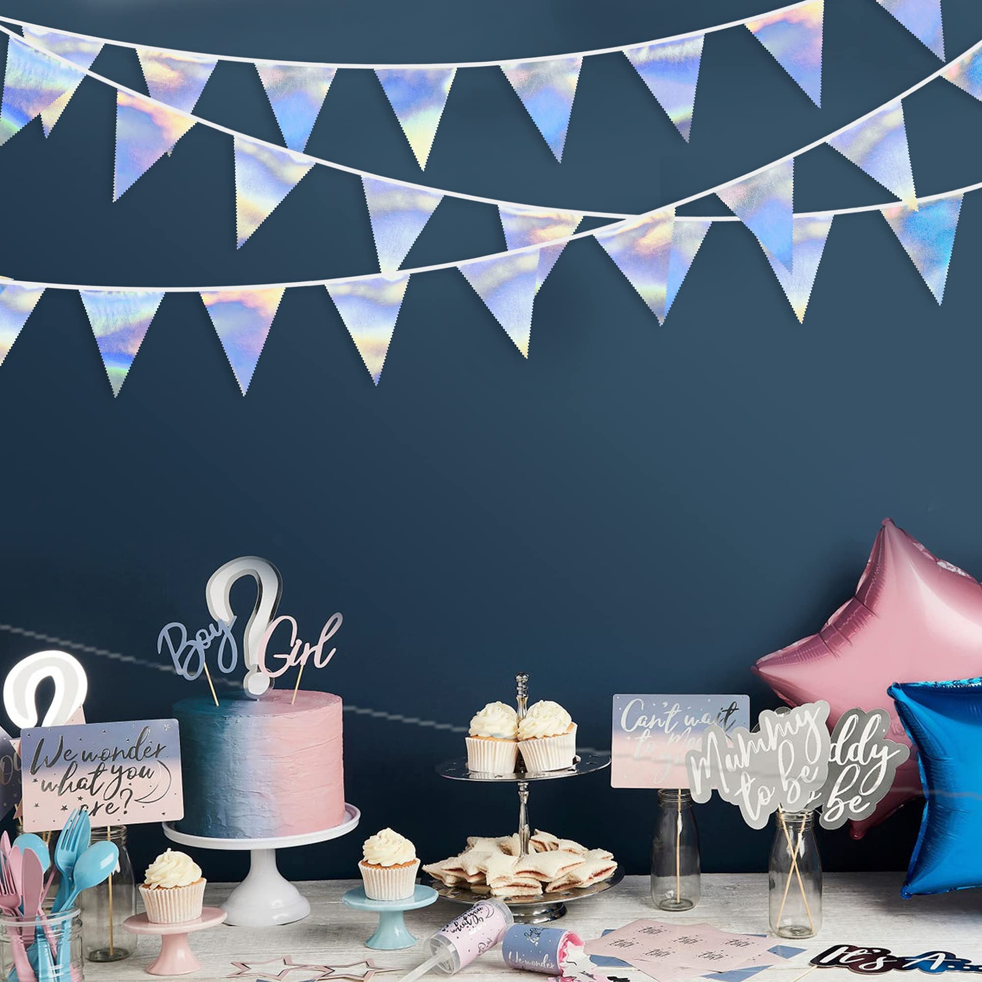 Decoración de fiesta iridiscente de 33 pies tela holográfica triángulo banderín bandera bandera de algodón guirnalda para cumpleaños boda boda despedida de soltera compromiso discoteca euforia galaxia