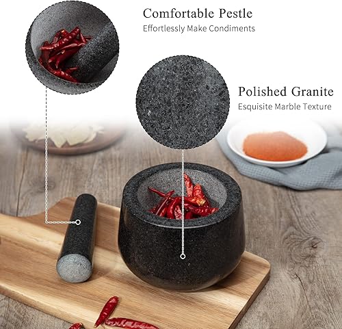 Miniatura 4 de Fashionwu Juego de mortero y mortero de 6 pulgadas, mortero de granito y cuenco de mortero para moler hierbas, especias, guacamo, salsa, pimienta,