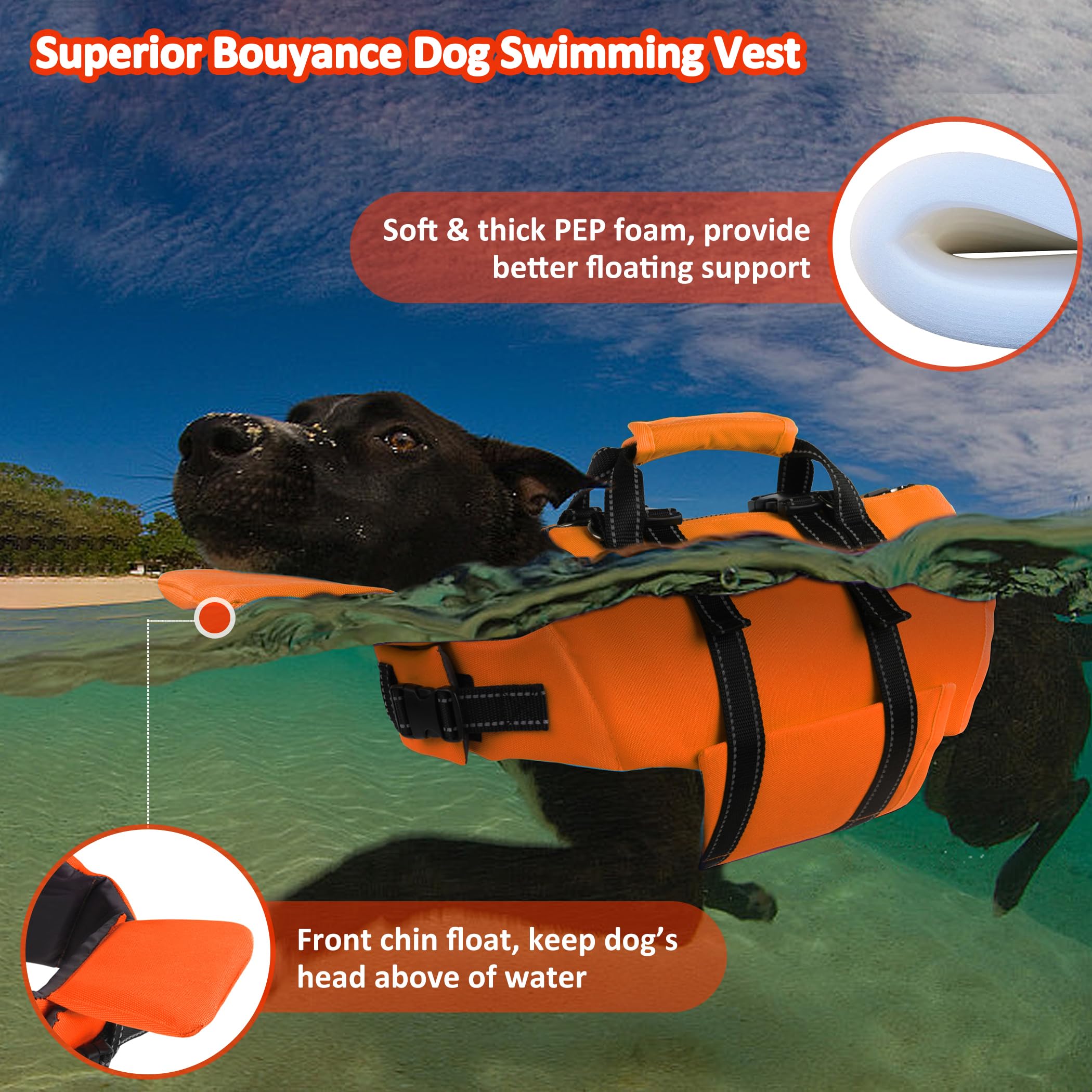 Gilet de sauvetage pour chien avec laisse de 1,2 m, gilet de sauvetage réfléchissant pour animal domestique avec fermeture éclair et poignée pour la natation, le bateau, flottabilité élevée réglable