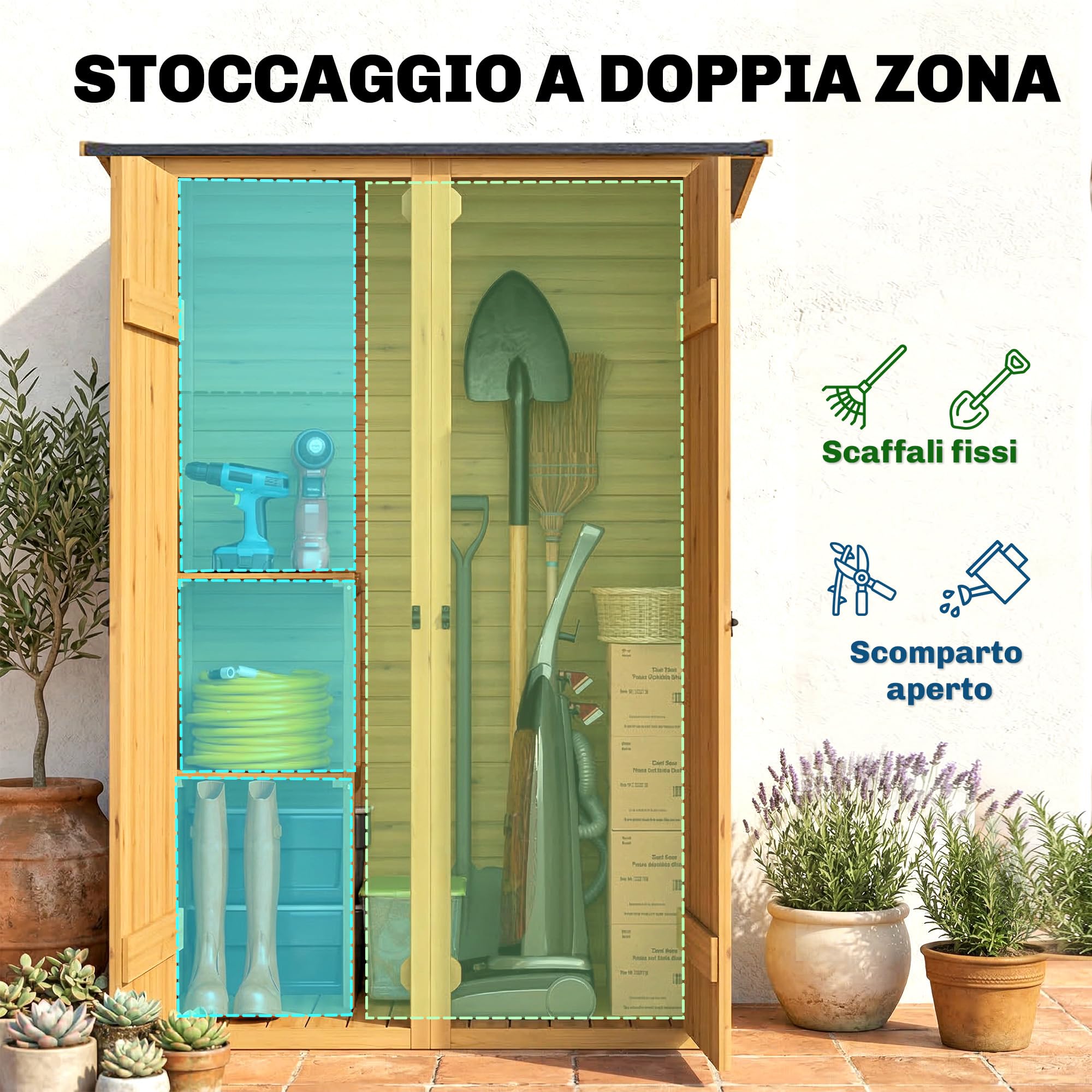 Outsunny Armadio da Giardino Legno Abete Casetta Attrezzi 2 Ripiani Doppia Porta Chiavistelli Tetto Inclinato 115x53x156 cm Marrone