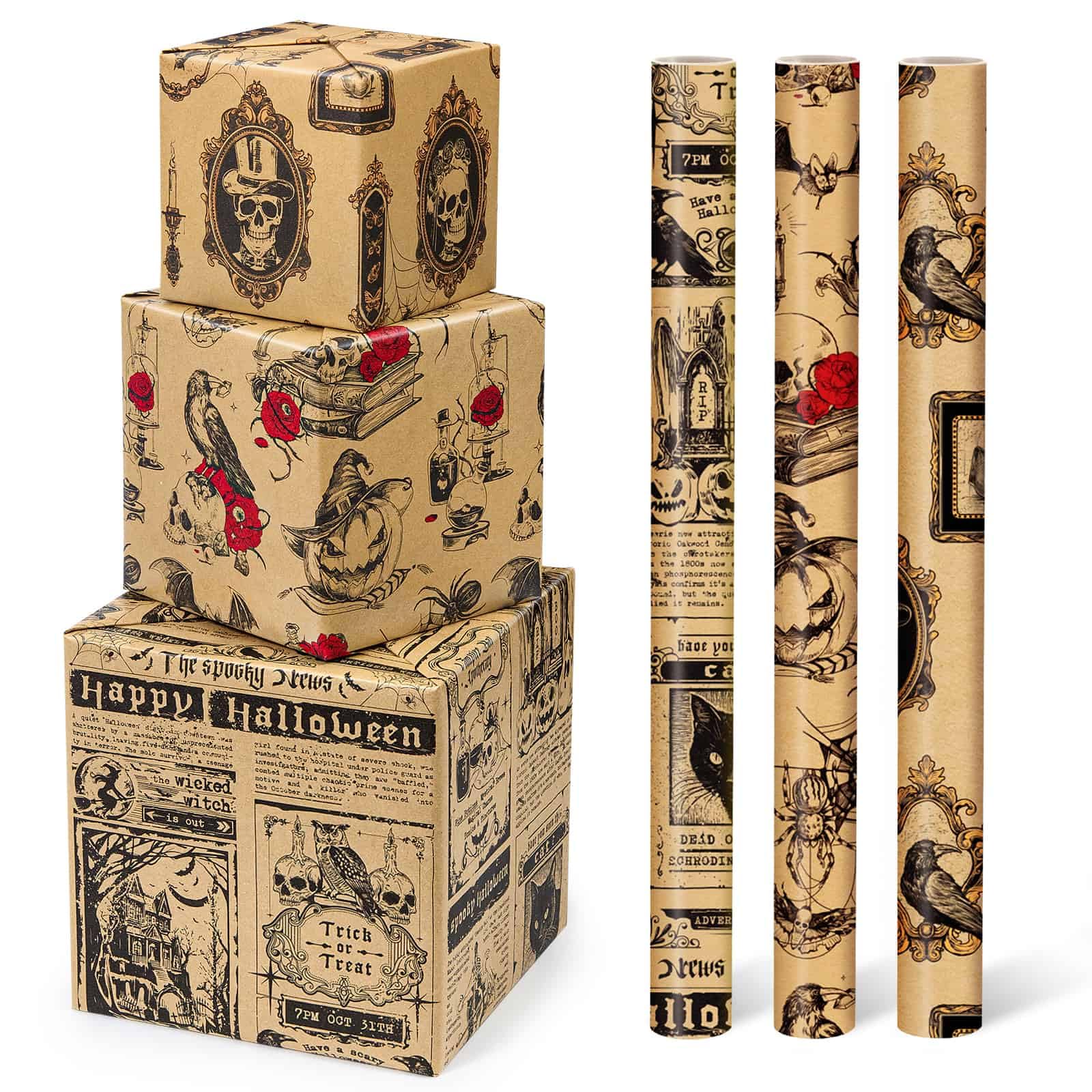 WERNNSAI Gothic Halloween Wrapping Paper 3 Rolls Vintage Kraft Gift Wrap — image 1