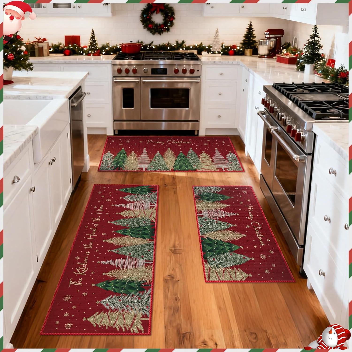 Merry Christmas Kitchen Rugs Set of 3, Anti-slip Waterproof Stain Resistant Christmas Tree Kitchen Mat, Winter Xmas Tree Decorations for Floor, Bathroom, Living Room, Doorway - 17"x29"+17"x36"+17"x47"