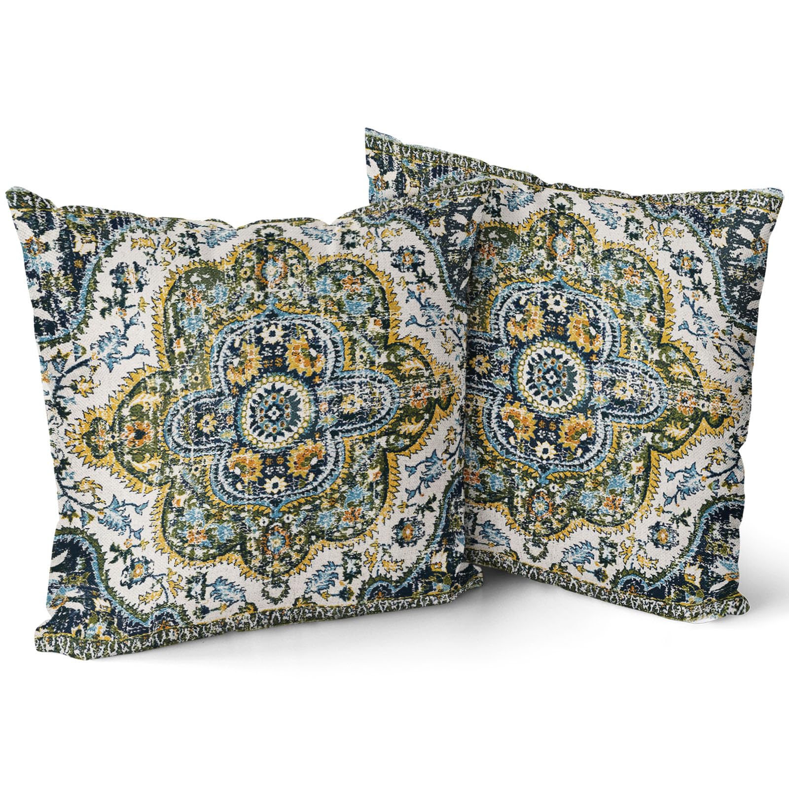 Green Yellow Blue Vintage Bohemian Pillow Covers 20x20 Inch Cream Teal Boho Flower Rug Print Carpet Pillow Cases Set of 2 Antique Tapestry Rustic Retro Throw Pillows For Cushion Sofa Couch Outdoor — image 1