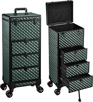 Stagiant Makeup Trolley Vanity Case Large Makeup Case Lockable Make Up Box Organiser with 3 Drawers Hairdressing Trolley on Wheels Beauty Nail Technician Cases Green