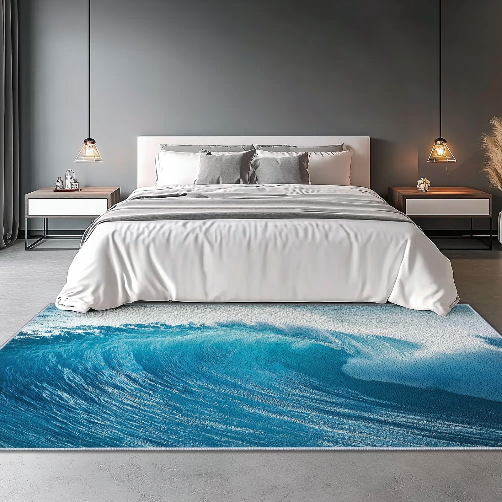 Nature Tapis de Salon, Bleu Antidérapant Lavable en Machine Tapis Flanelle Douce, Moquette Motif Flots pour Chambre Bureau Cuisine Decoration, 150x210 cm