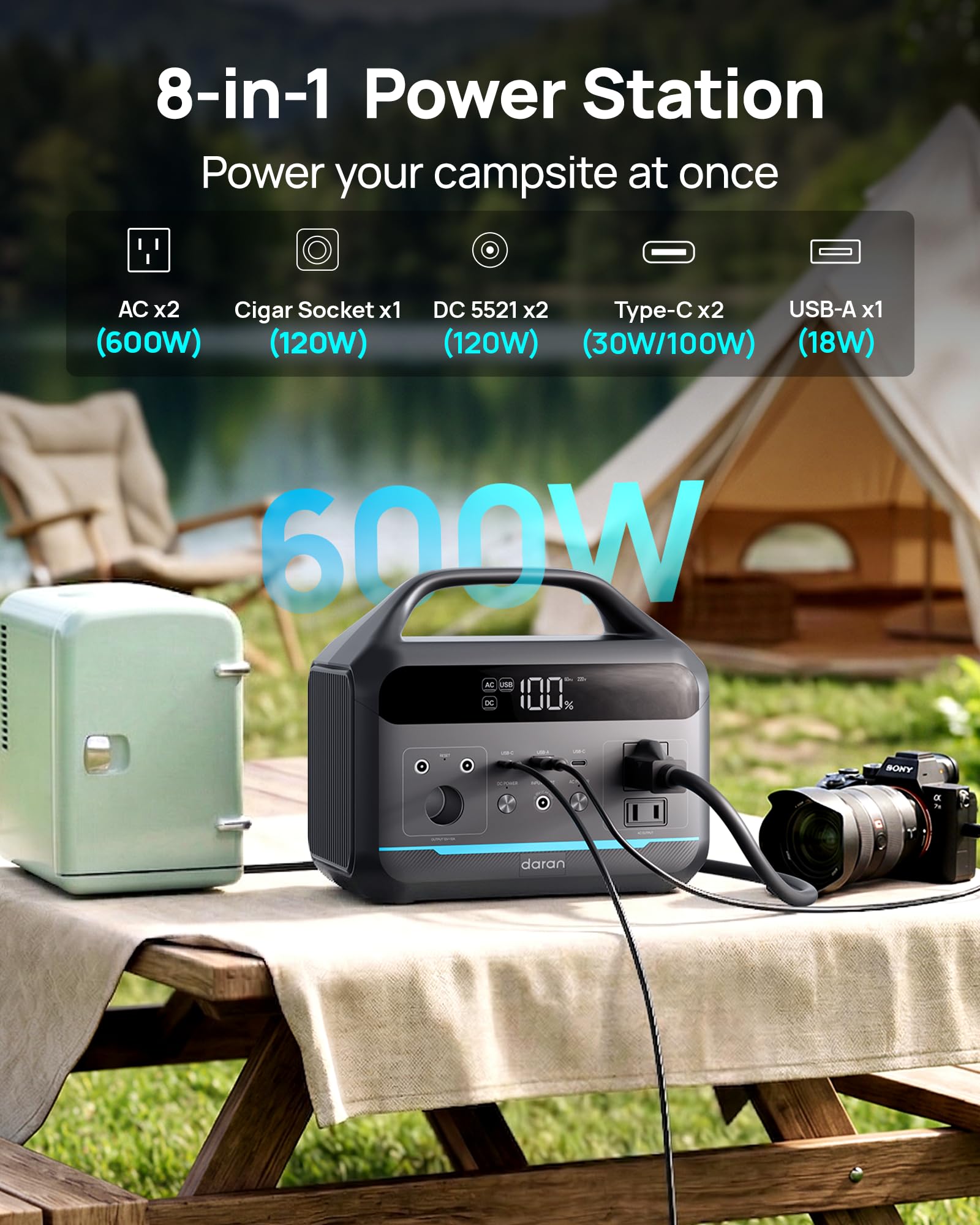 DARAN Station d'alimentation portable 600 W (surtension de 1200 W) – Générateur solaire 288 Wh (90 000 mAh) Batterie LiFePO4 avec prises AC DC, station de charge portable de 3,8 kg pour camping