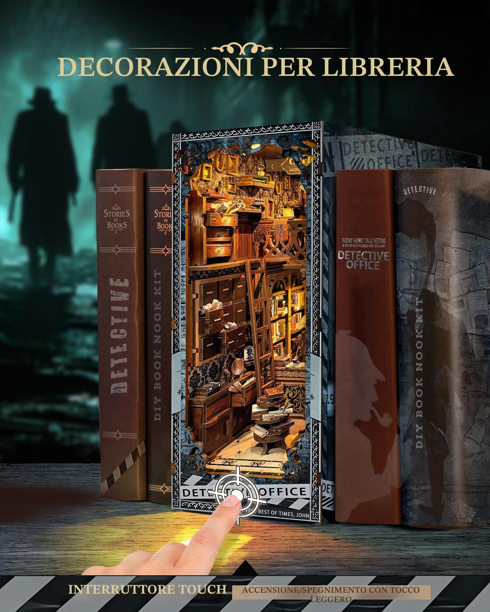 Quanquer Book Nook Kit_ con luce a LED, copertura antipolvere in miniatura, casa delle bambole in miniatura, libreria in legno 3D, puzzle in legno, detective office booknook(detective Office)