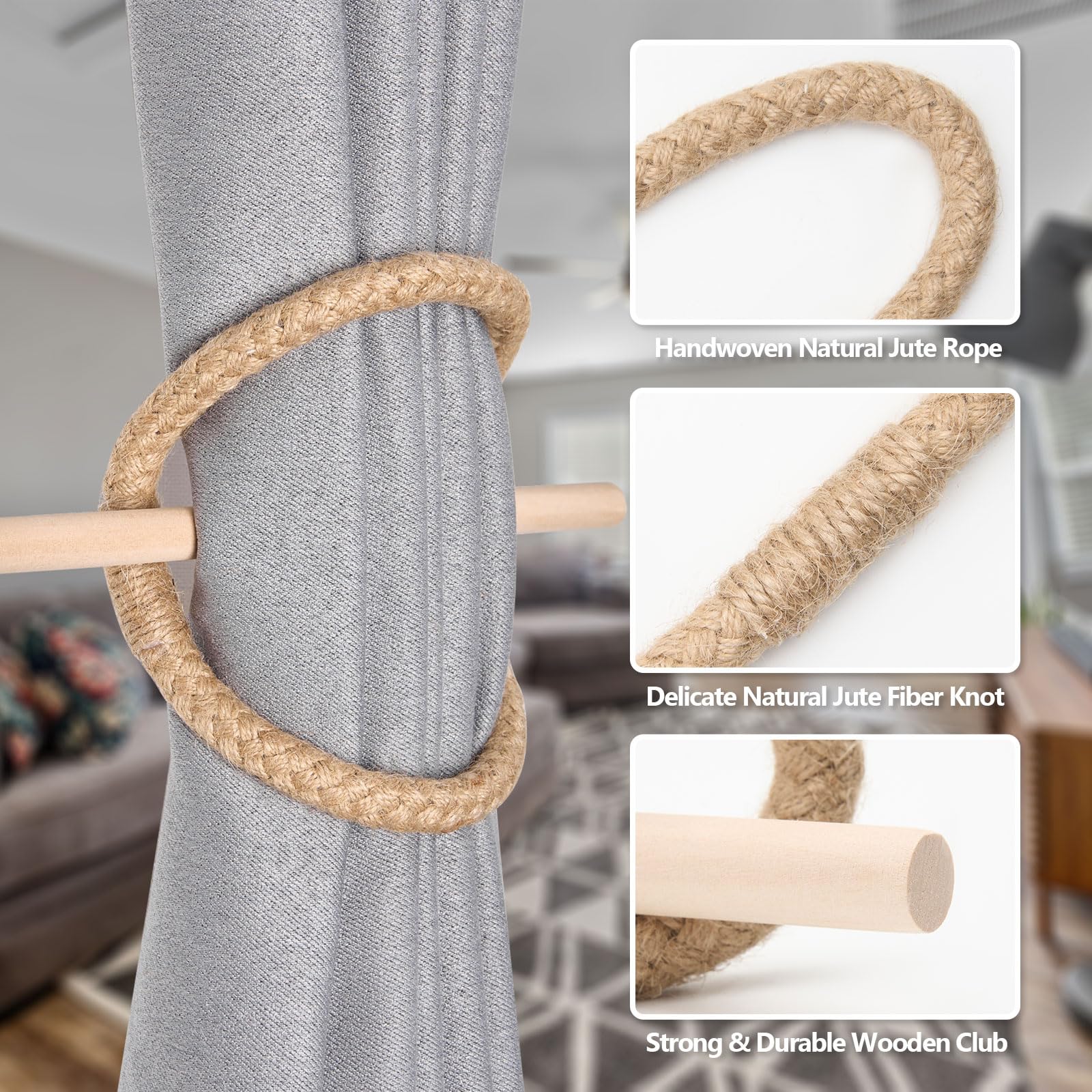 Pretty Jolly 4 Pack Natural Jute Rope Curtain Tiebacks Boho Rustic Style Decorative Drape Tie Backs Farmhouse Hand-Woven Curtain Holdbacks with Wood Club for Home & Office Drapery (Jute loop-01) - Image 3