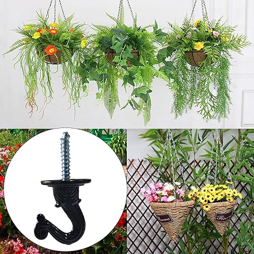 Miniatura 4 de 6 juegos de ganchos de techo para plantas colgantes, gancho resistente con accesorios para instalación en techo y fijación de pared (negro)