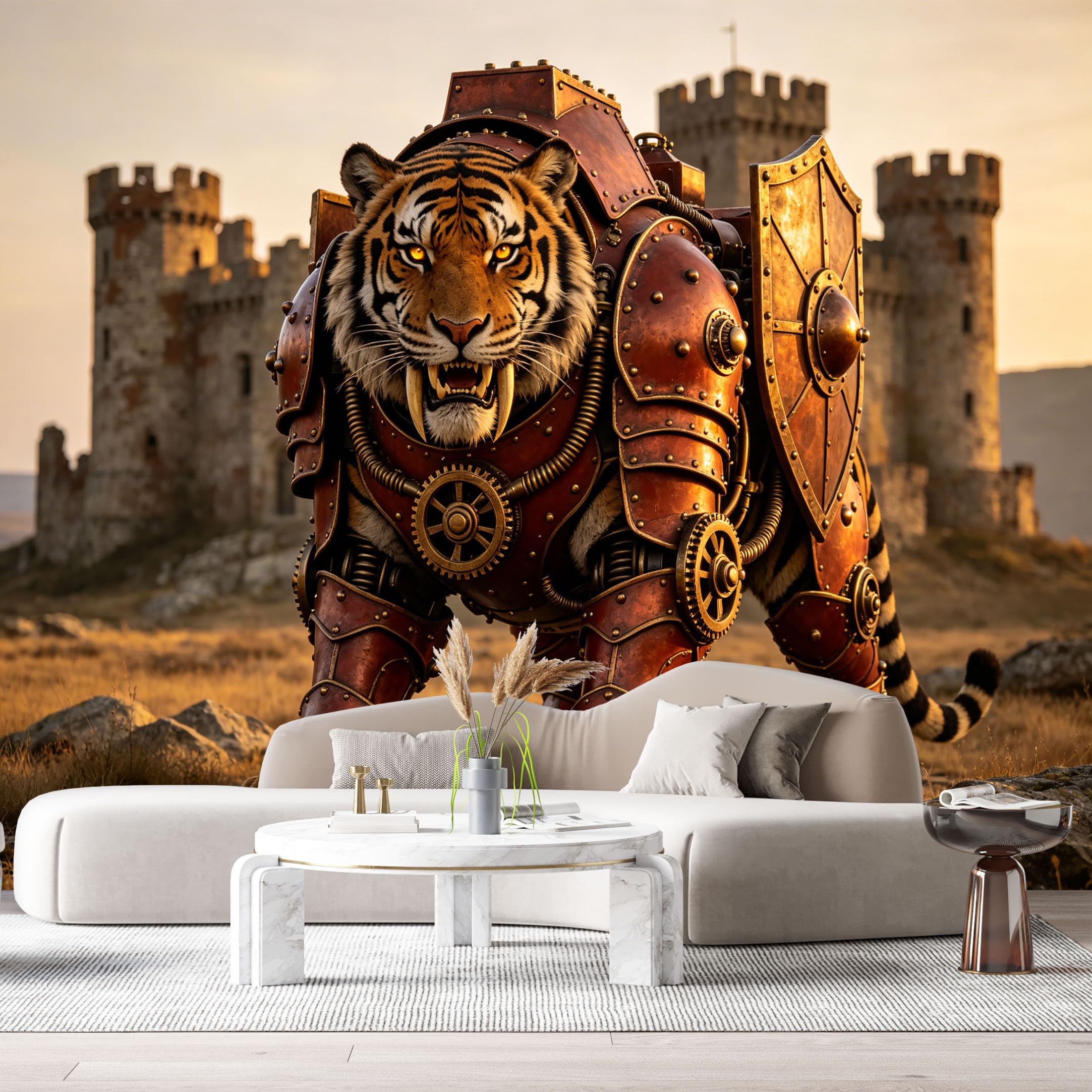 Custom Size Wall Mural Armored Tiger Mech Steampunk Machinery Science Fiction Beast Metal Warrior SelfAdhesive Art Prints Removable Large Wallpaper Esports Room Game Room Tenant Room Studio