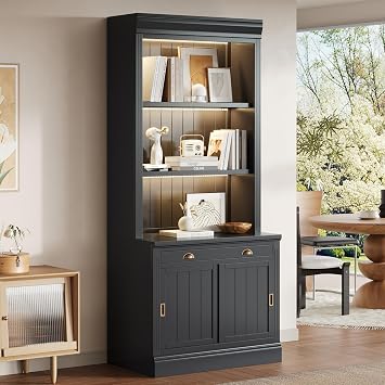 83.4" Tall Bookshelf with LED Lighting, Wooden Bookcase with Sliding Doors/1 Drawer/Adjustable Shelves, Modern Storage Display Cabinet for Living Room, Home Office, Black