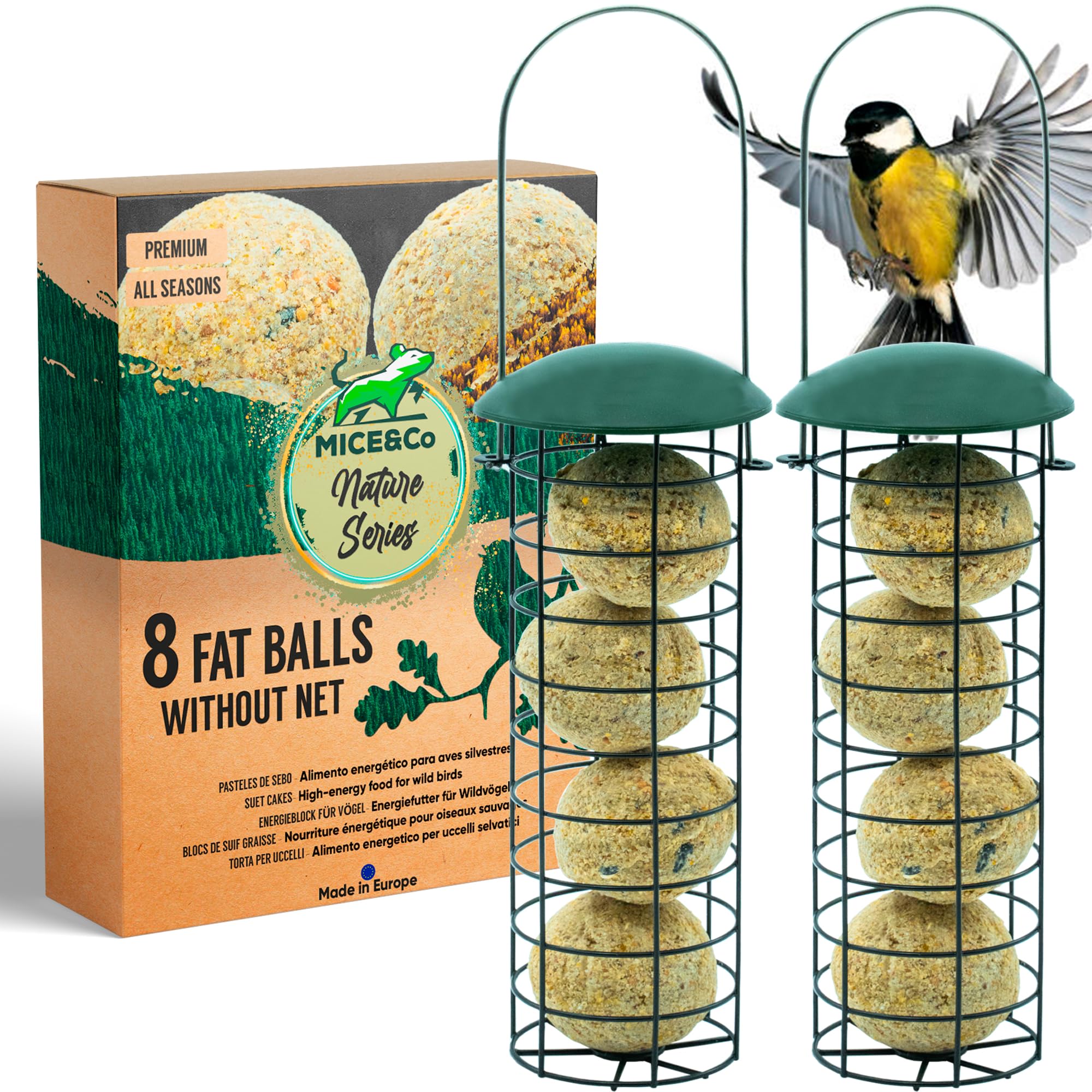 Mice&Co Fat Ball Wild Bird Feeder - Hanging Feeder Station Pre-Filled with Premium Fat Balls - Outdoor Garden Feeder