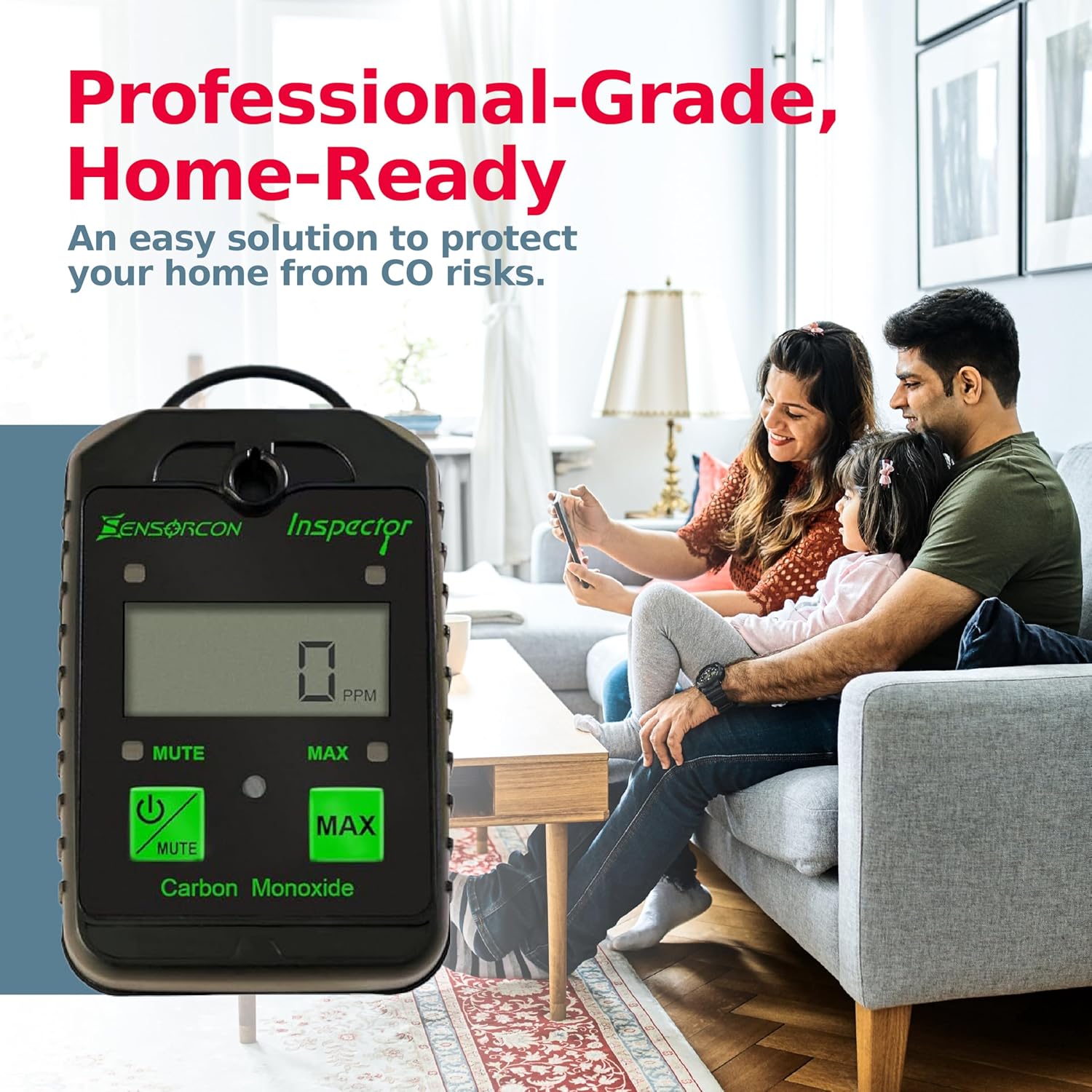 Sensorcon Inspector CO Detector clipped to a backpack