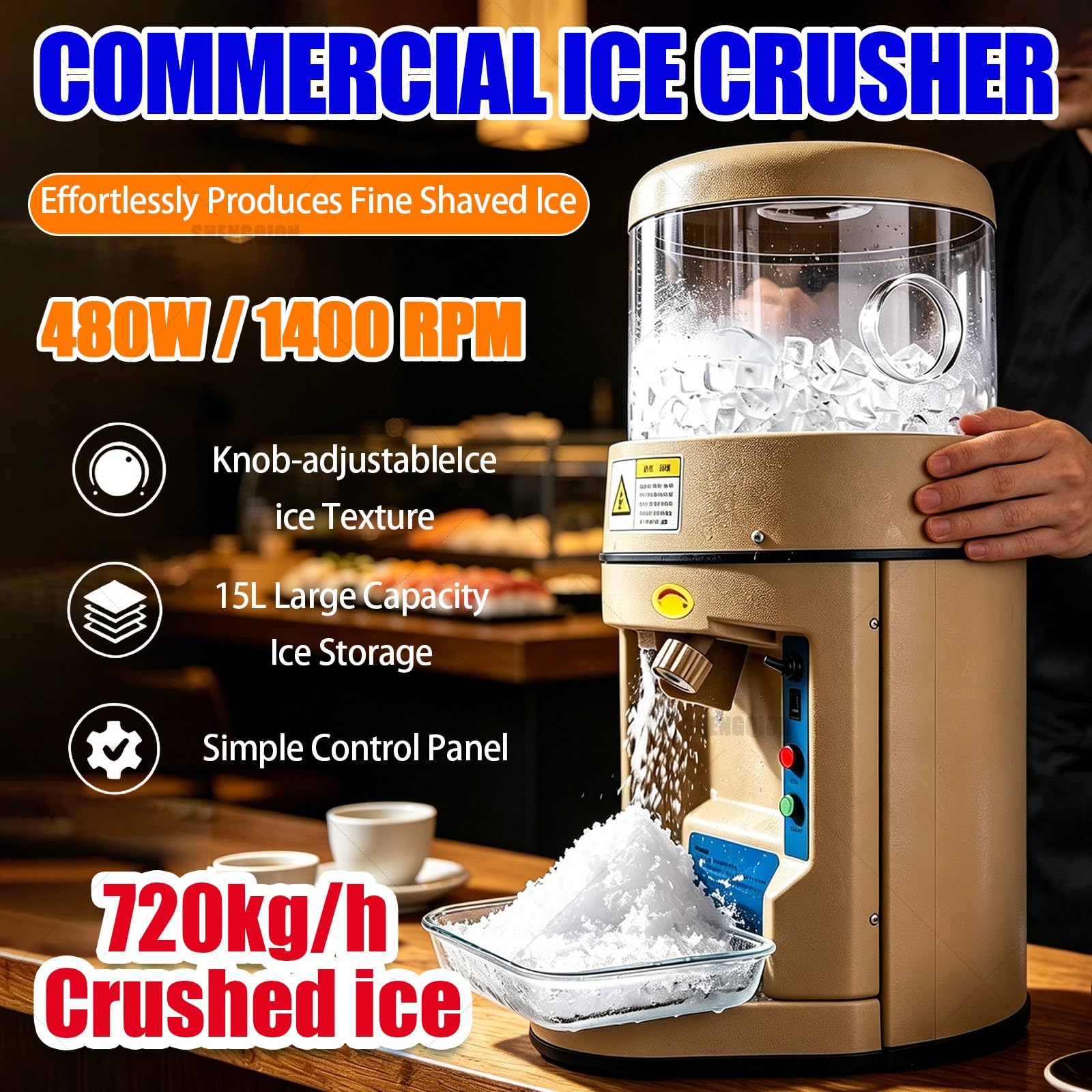 Tritaghiaccio Professionale Da 480 W, Macchina per Granite Elettrica Automatica a 1400 Giri/Min, Tecnologia Anti-Inceppamento Intelligente, Secchiello Da 15 L per Bar, Mense