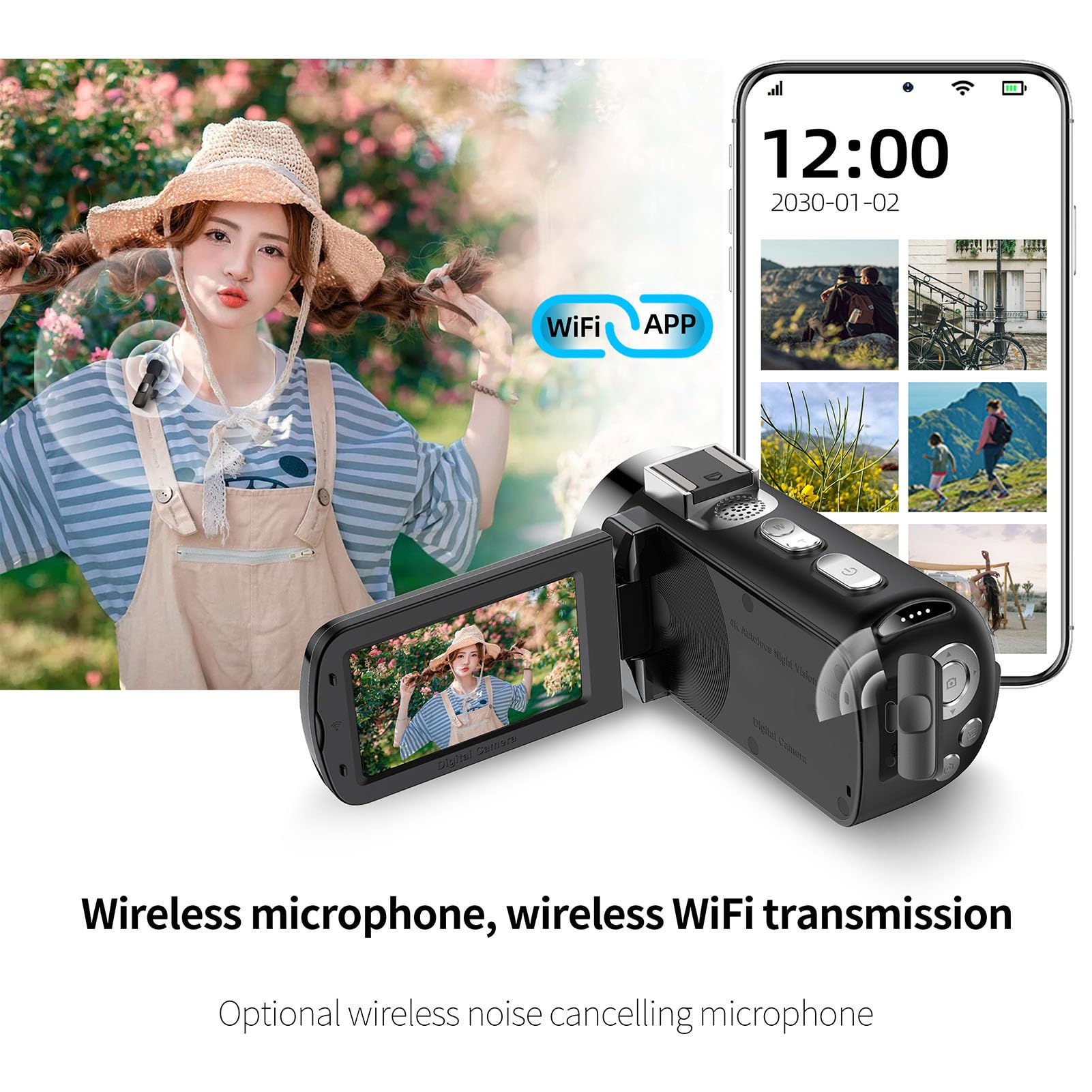 Cyfrowa Kamera Wideo 4K 64MP z Zoomem 28x, 3 -calowa Kamera Wideo Ekranu Obrotowego, LED LID do Podróży
