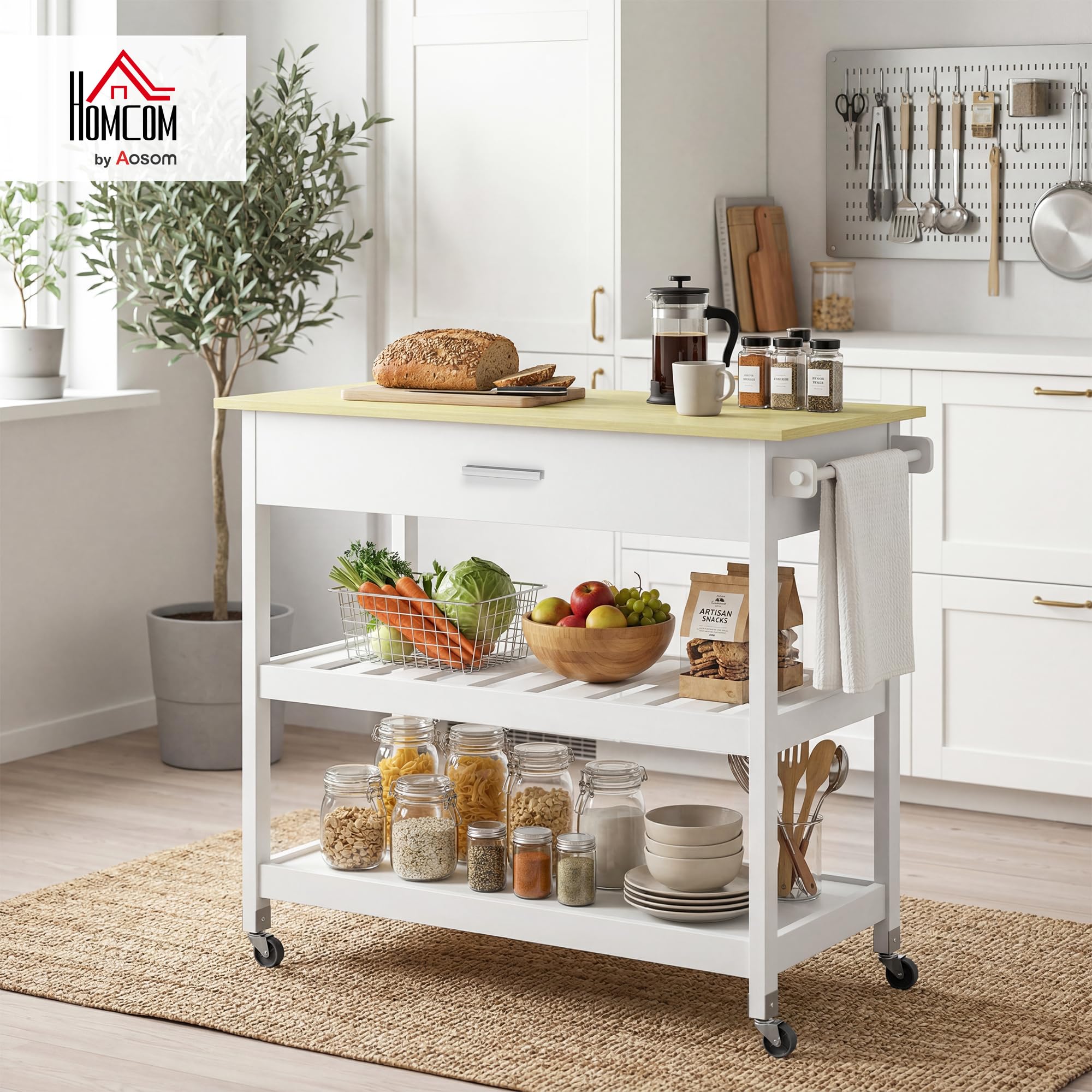 HOMCOM Desserte de Cuisine à roulettes Tiroir 108,8 x 51 x 92,5 cm Blanc