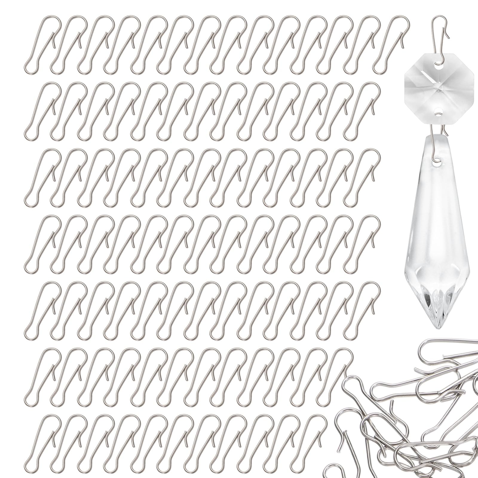 M METERXITY 50 Pack Hook Chandelier Crystal Hooks, 1.18 x 0.35 Inch Connector Clips Pins for Fasten Connecting Crystal DIY, Suncatcher, Chandelier, Ceiling Light Parts [304 Stainless Steel]