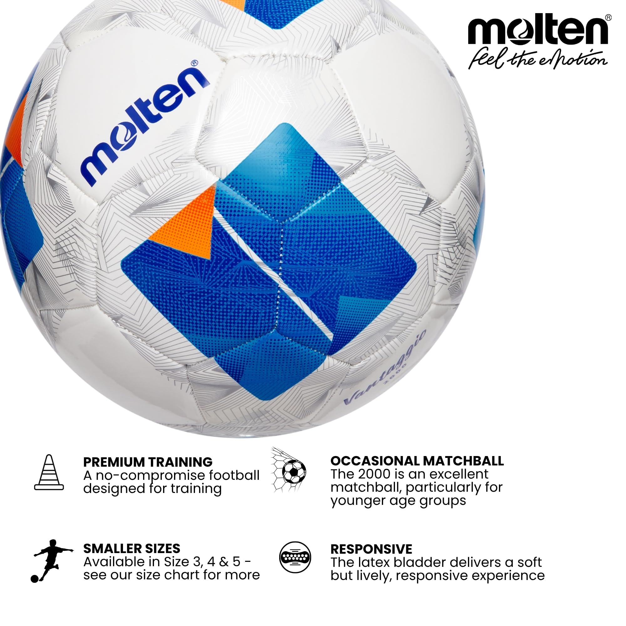 Molten Vantaggio 2000 - Pallone da calcio Soft Touch | Pallone da allenamento di alta qualità | Imbottitura spessa 6 mm in schiuma con aggiunta morbidezza | Godetevi la velocità | Pelle PU liscia |