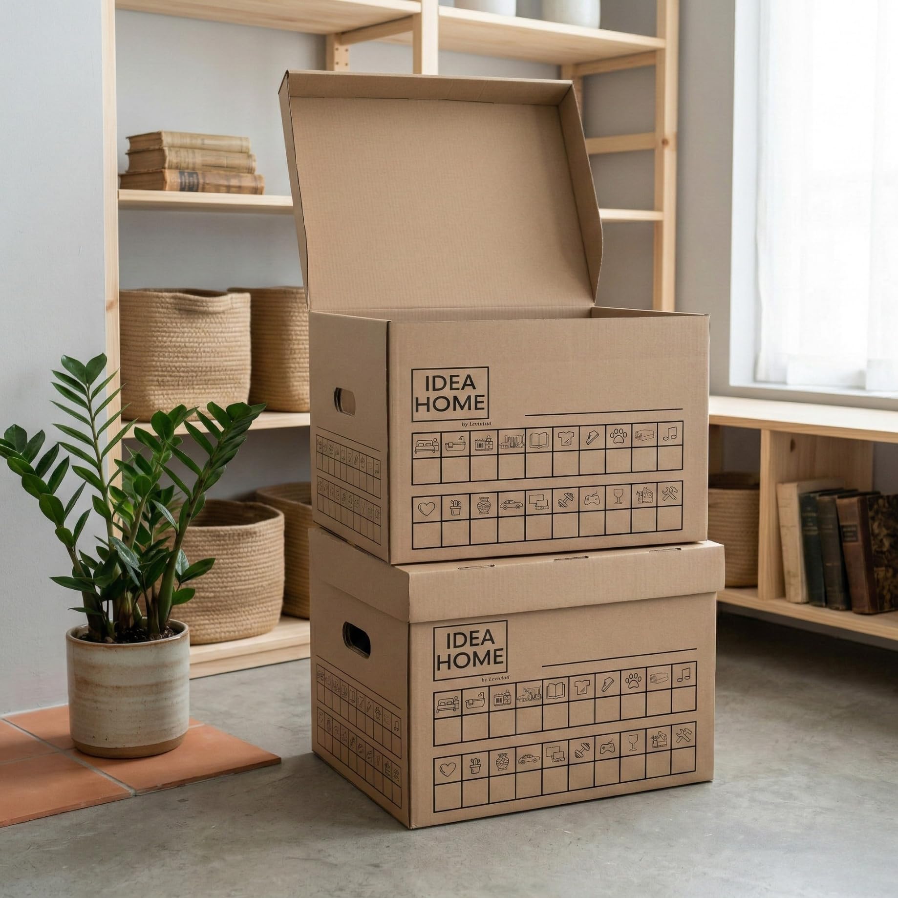 IDEA HOME STOREA Set 12 Scatole Portaoggetti con Coperchio e Manici, Scatole Archivio in Cartone Resistenti Impilabili con Pennarello, Organizer per Casa Ufficio Trasloco