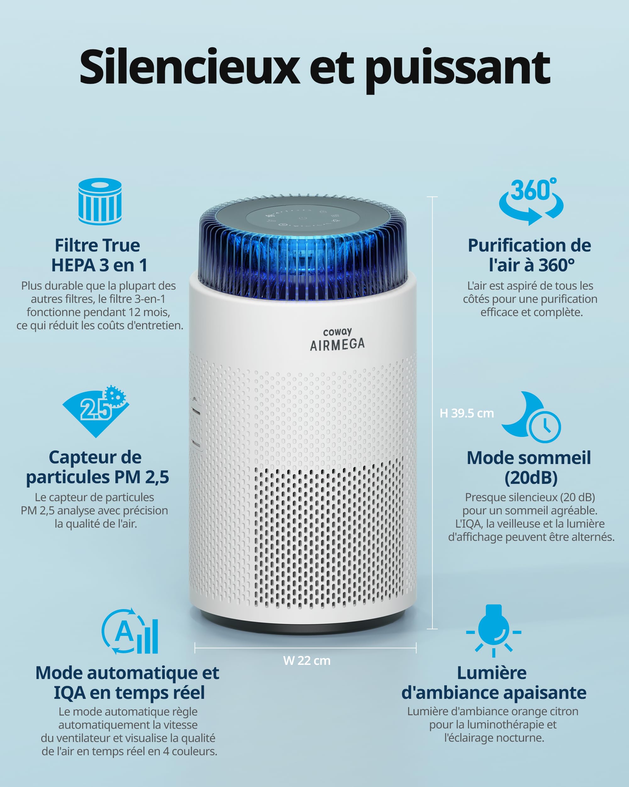 COWAY Purificateur d’air pour chambre, ultra silencieux 20 dB, système HyperCaptive, élimine 99,999 % des particules jusqu’à 0,01 micron, CADR 244 m³/h, idéal contre allergies et pollens – AIRMEGA 100