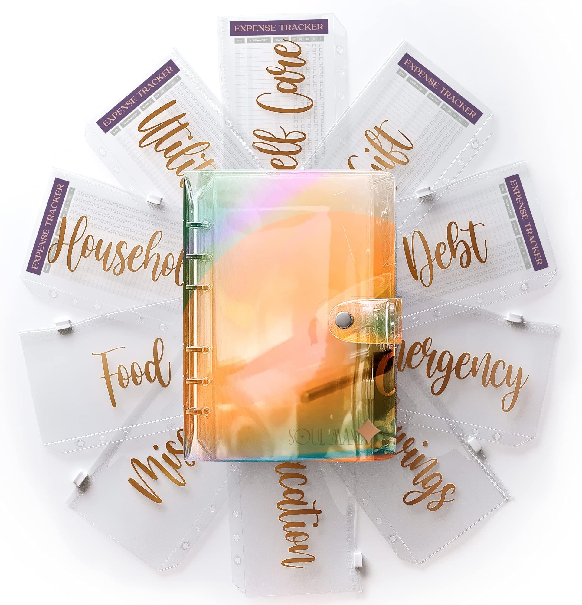 SOUL MAMAA6 Unicorn Budget Binder with Cash Envelopes, PVC Money Organizer for Cash, 10 Gold Vinyl Printed Stickers Money Envelopes for Cash Budgeting, 6 Rings Mini Pocket Money Saving Planner