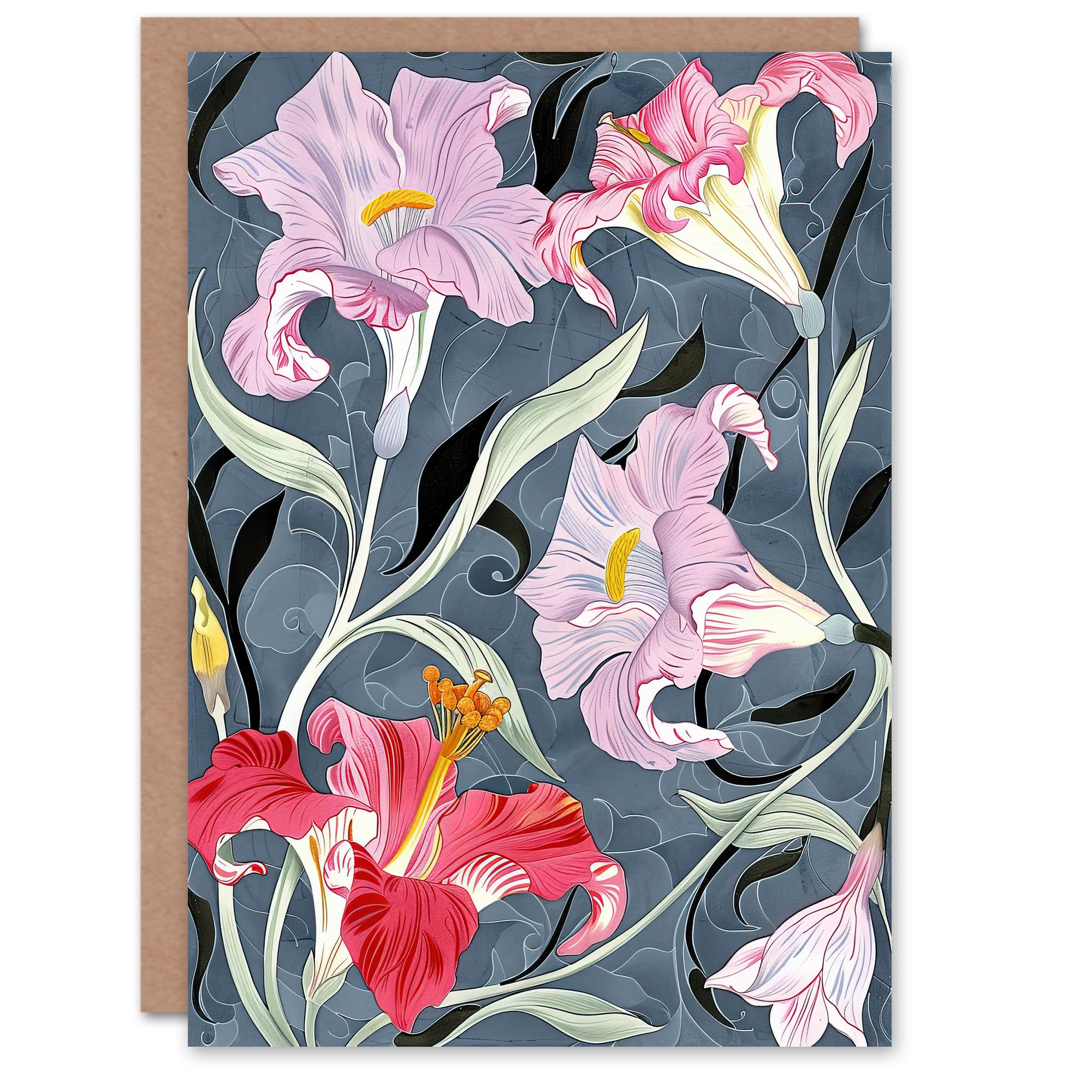 Artery8 Greeting Card Pink Lily Flowers Stylised Detailed Floral For Her Woman Birthday Card