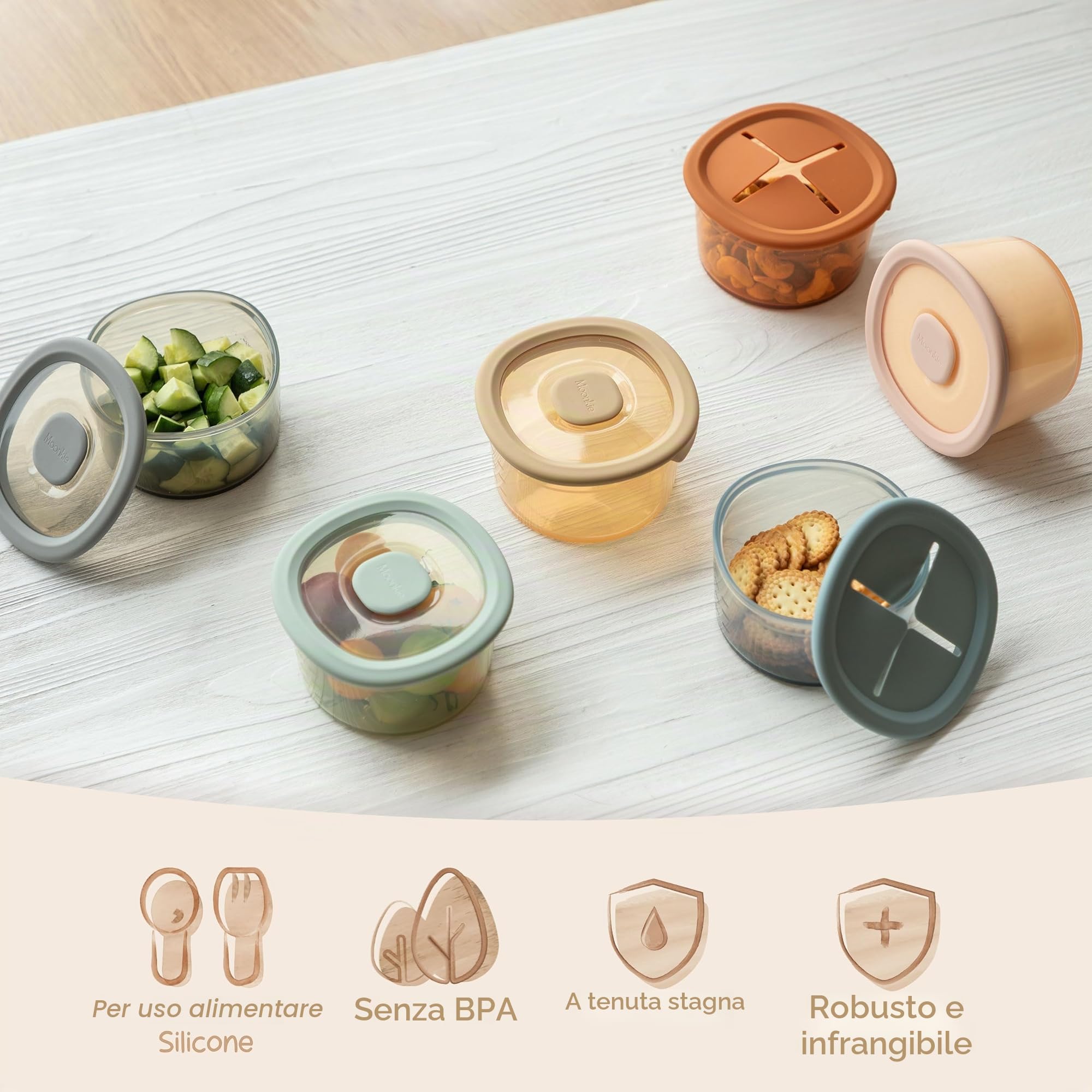 Moonkie Contenitori Pappa Neonati 240ml 3 Pezzi Silicone con Coperchio Senza BPA per Lavastoviglie Freezer Microonde