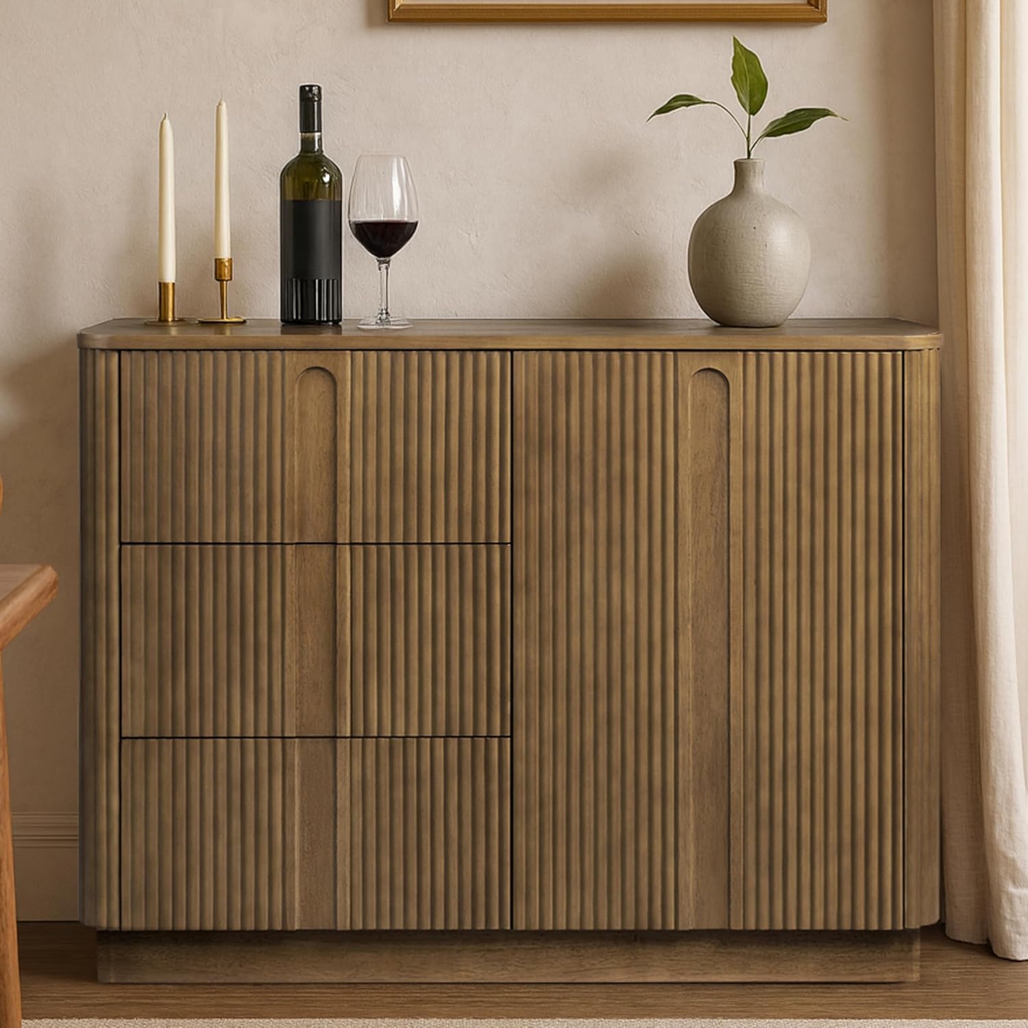 Teamson Home Potomac 42'' W Scandinavian Style Sideboard with 3 Drawer 1 Door and Adjustable Shelf, Solid Wood Frame, Push to Open and Acacia Veneer Living Room Storage Furniture in Greige