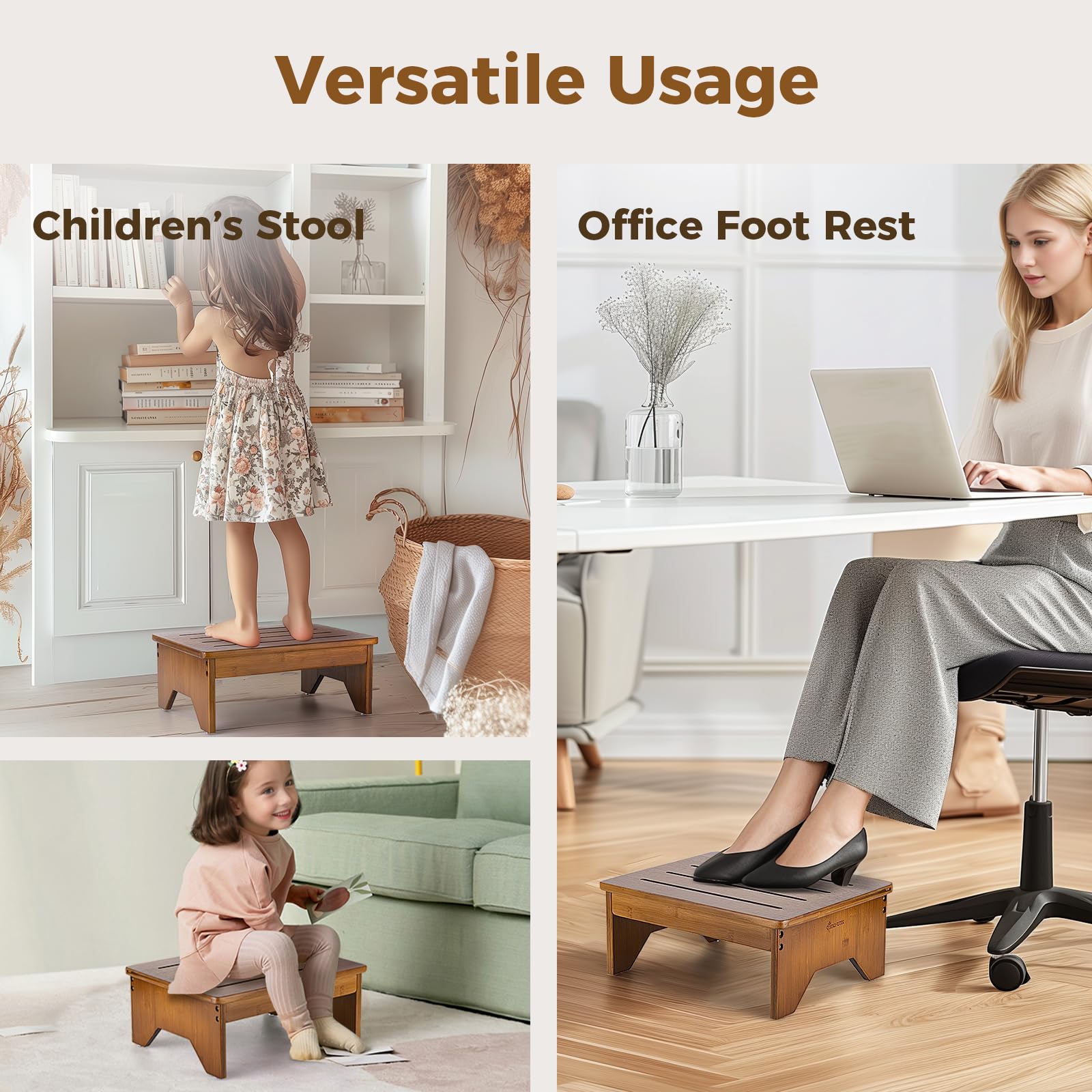 StrongTek Bambus Step Hocker für Erwachsene, Nachttisch Schritt für hohe Betten, 300 Lbs Kapazität, Rutschfester Bett Fußhocker mit abgerundeten Kanten, Schlafzimmer, Garten, Küche (Nussbaum)