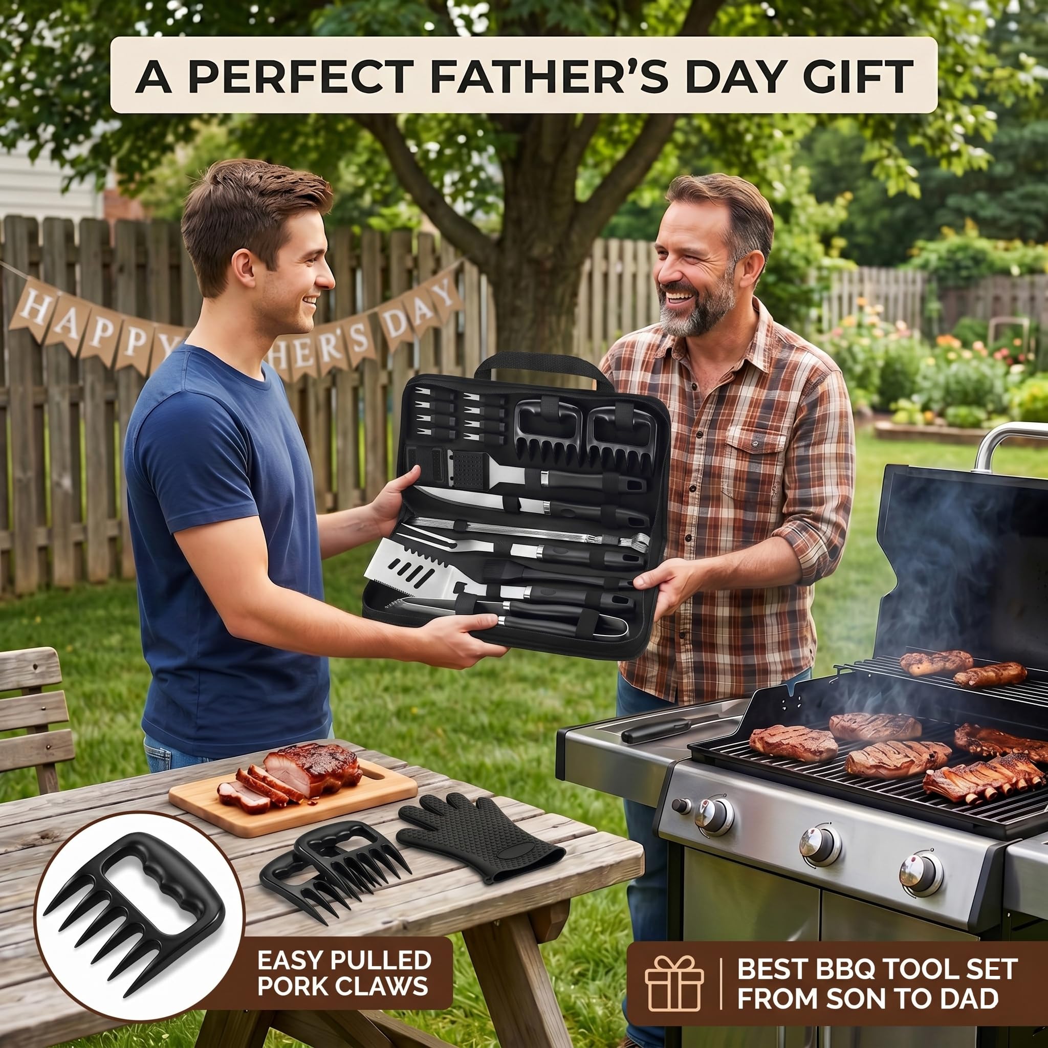 ROMANTICIST Set regalo di 27 utensili da barbecue resistenti per uomini e papà, utensili da griglia in acciaio inox extra spesso con artigli per carne, kit di accessori per grigliare in borsa