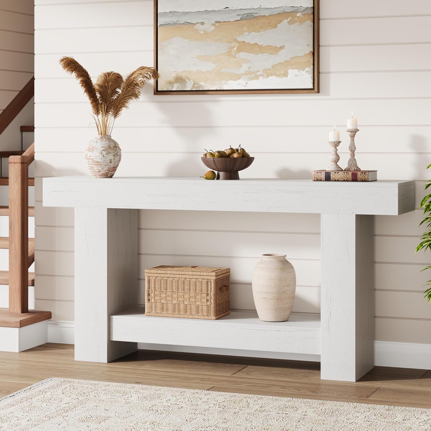 GarveeHome Entryway Console Table, Farmhouse 2-Tier Entryway Table, Long Sofa Accent Table Behind Couch Table with Open Storage for Entrance, Living Room, Hallway, Foyer, Antique White, 63"