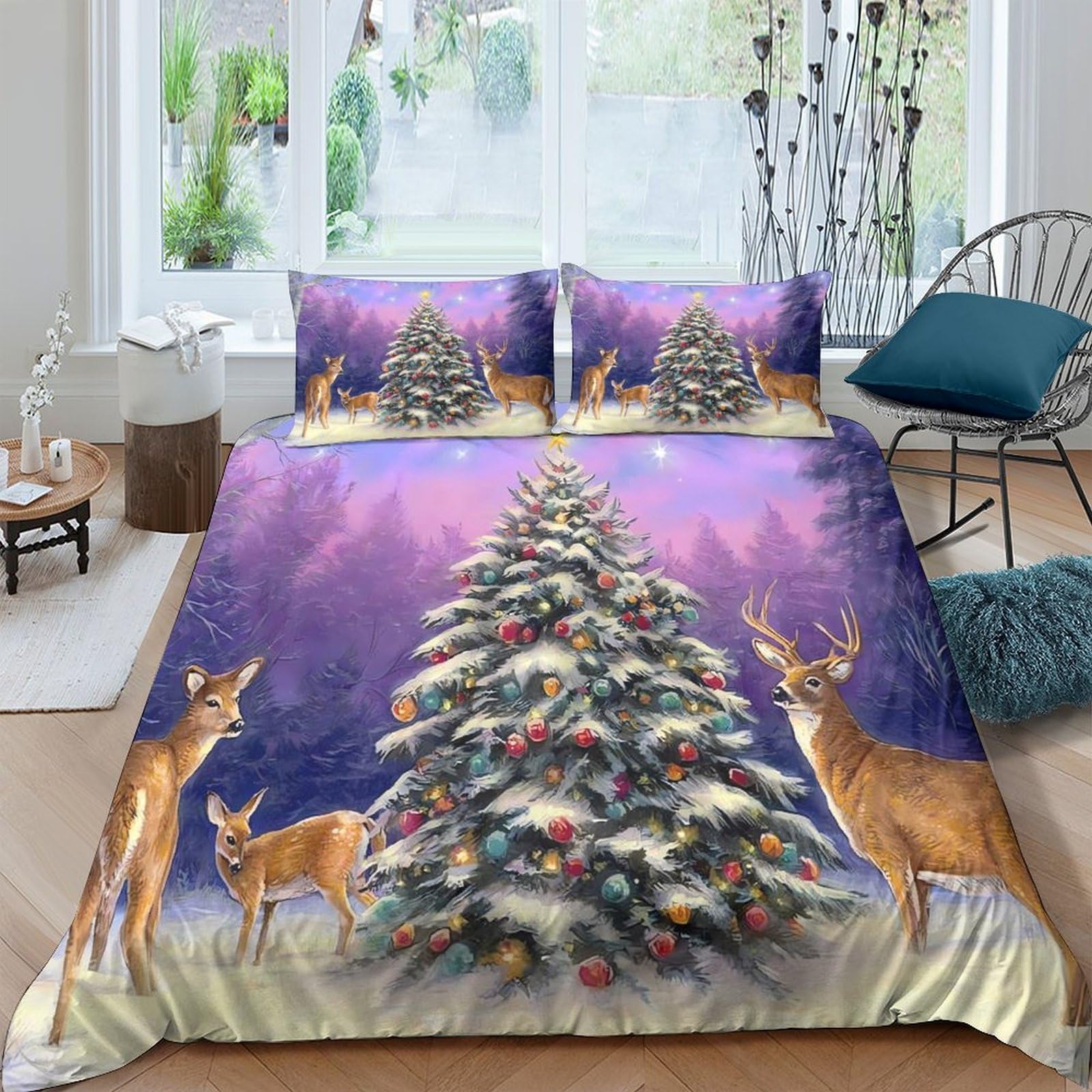 Ctjqhvkz Style-3 3D Printed Snowy Christmas Tree Fitted Sheet Microfiber Soft Deer Forest Bed Cover For Bedroom Guest Room Decor Single（135X200cm）