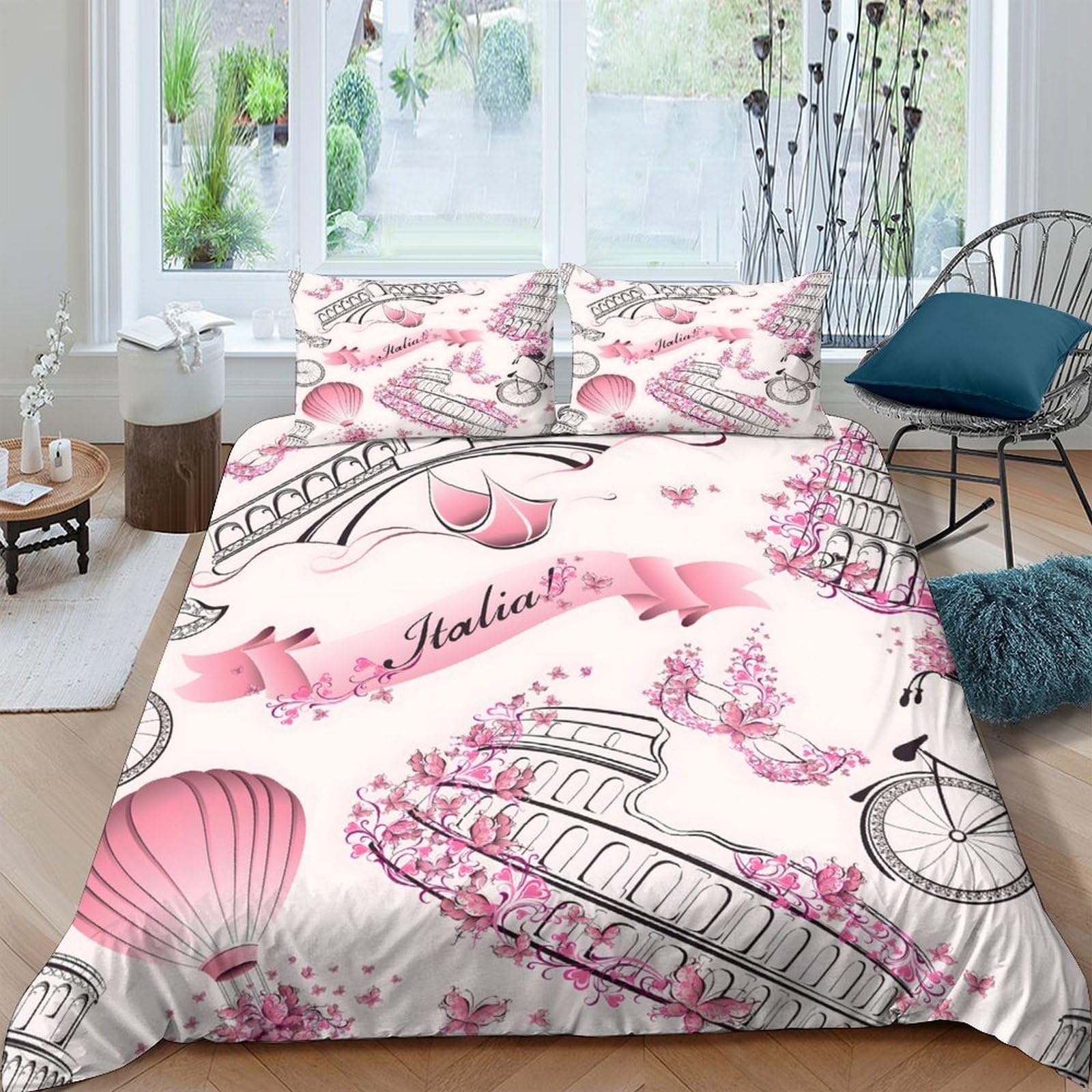 Ctjqhvkz Style-7 3D Printed Pink Paris Balloon Fitted Sheet Microfiber Soft Romantic Eiffel Tower Bed Sheet For Bedroom Guestroom Decor Single（135X200cm）