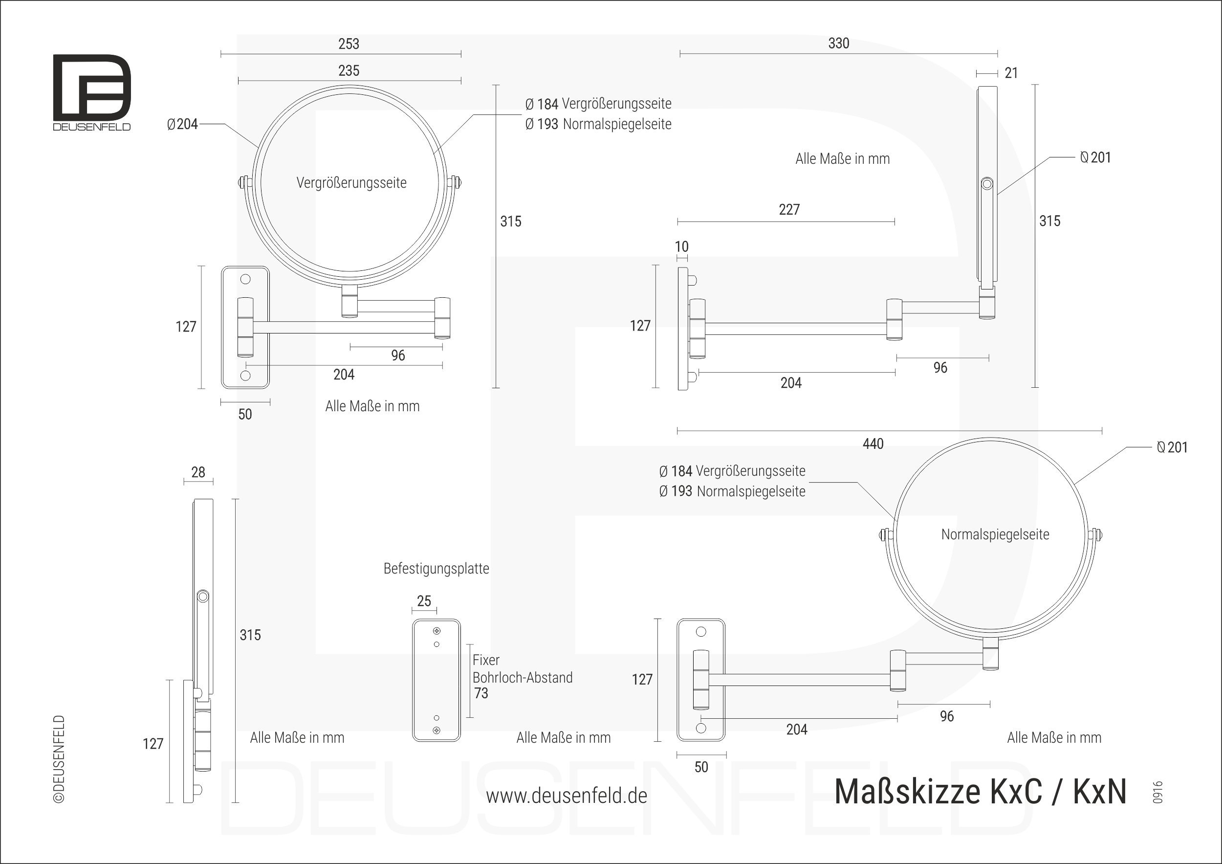 DEUSENFELD K5C - Doppel Wand Kosmetikspiegel, Rasierspiegel, Schminkspiegel, 5-Fach Vergrößerung und Normalspiegel, Ø 20cm, MS verchromt