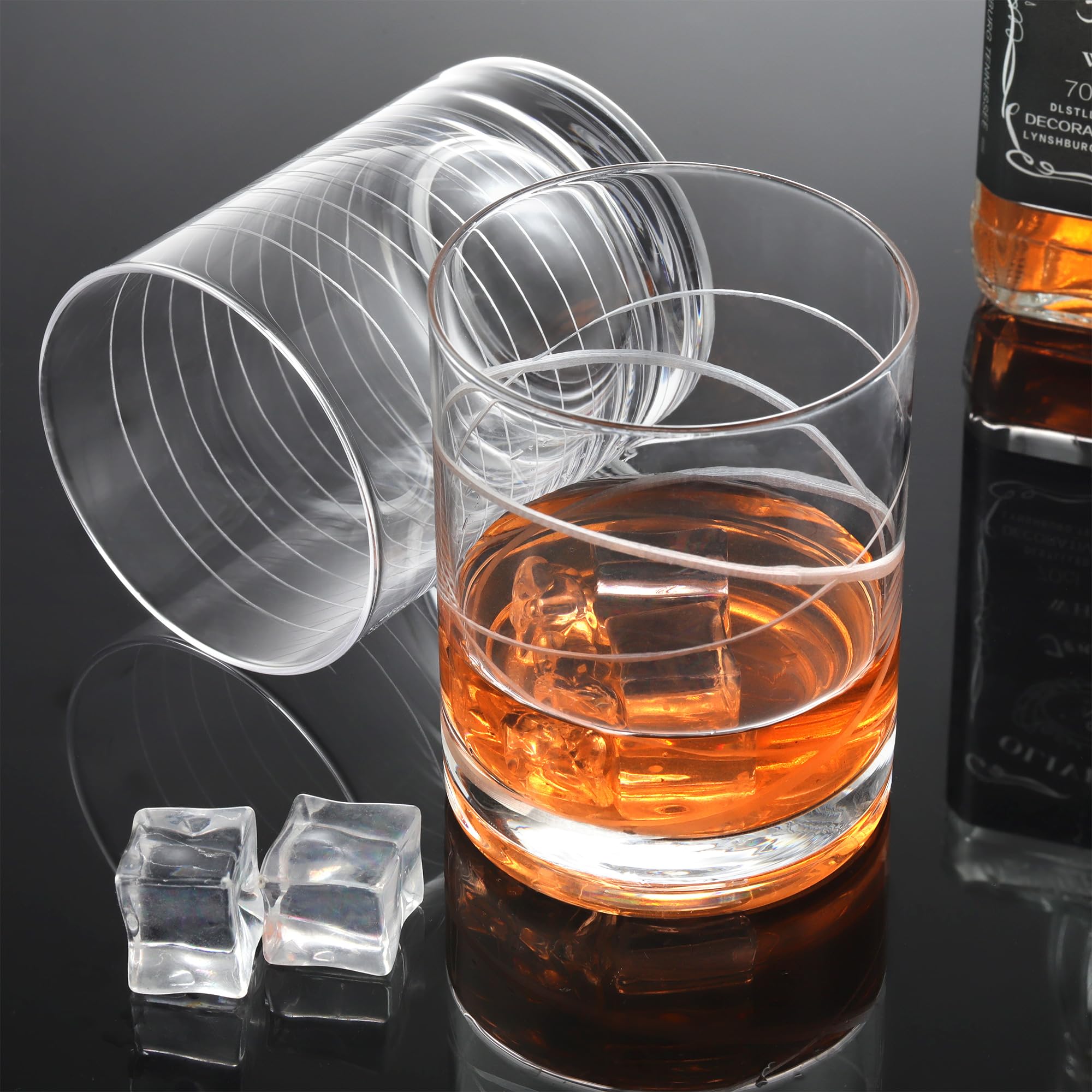Joeyan Soufflé à la Main Verre à Whisky avec Gravure,Verres à Rhum de Dégustation avec des Motif Ligne Pois,Verres à Eau Tumbler Pour Bourbon Cocktails Cognac,400 ml,Lot de 4,Lavable au lave-Vaisselle
