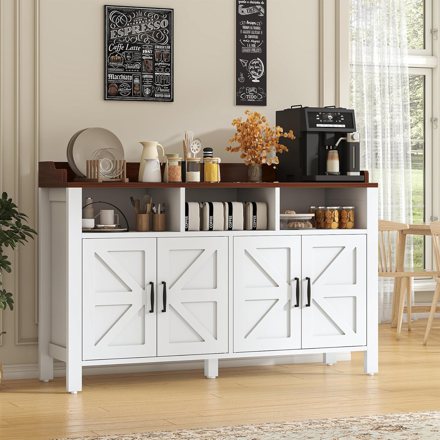 Buffet Cabinet with Storage Farmhouse with 4 Doors and 3 Open Compartments, 55'' Large Kitchen Storage Cabinet White Wood Coffee Bar Buffet Sideboard for Kitchen, Dining Room, Living Room White/Wood