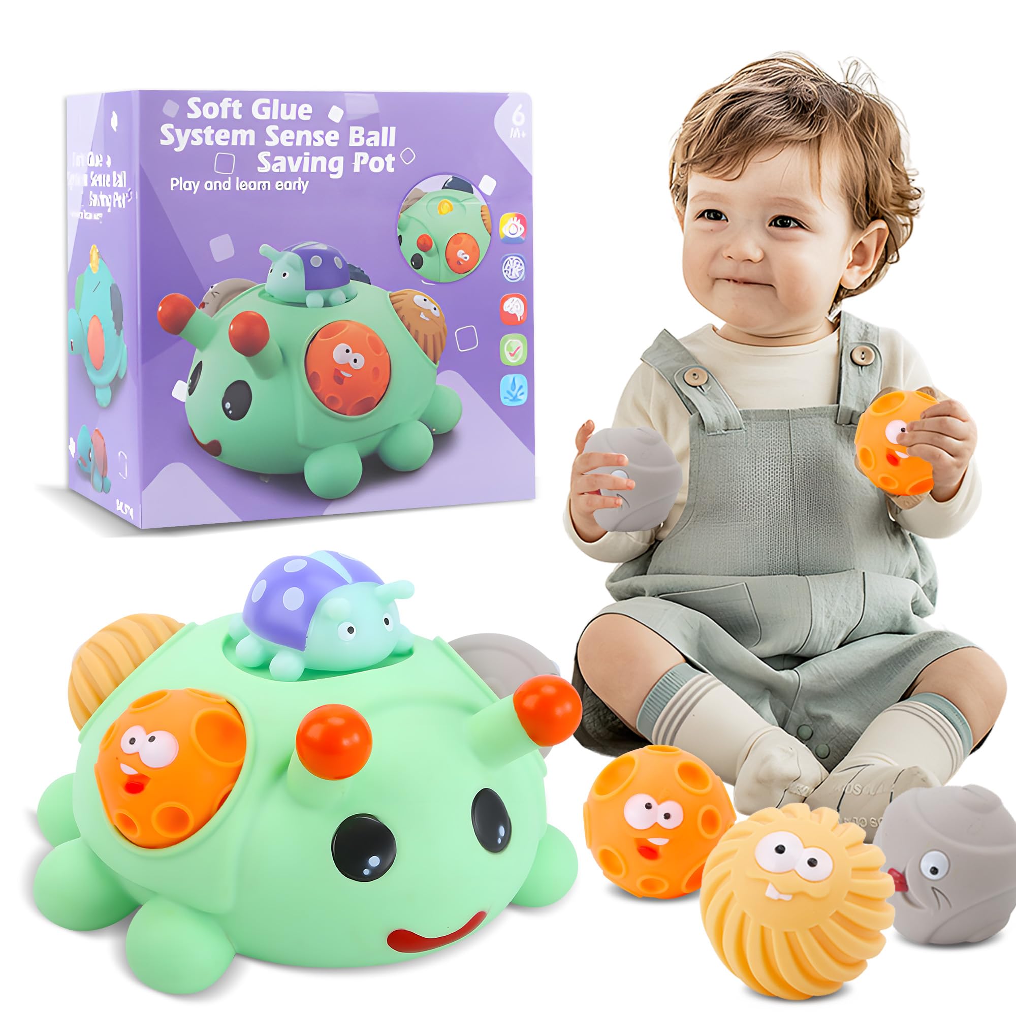 Baby Sensory Balls, 4PCS Teething Toys with Piggy Bank for 6M+