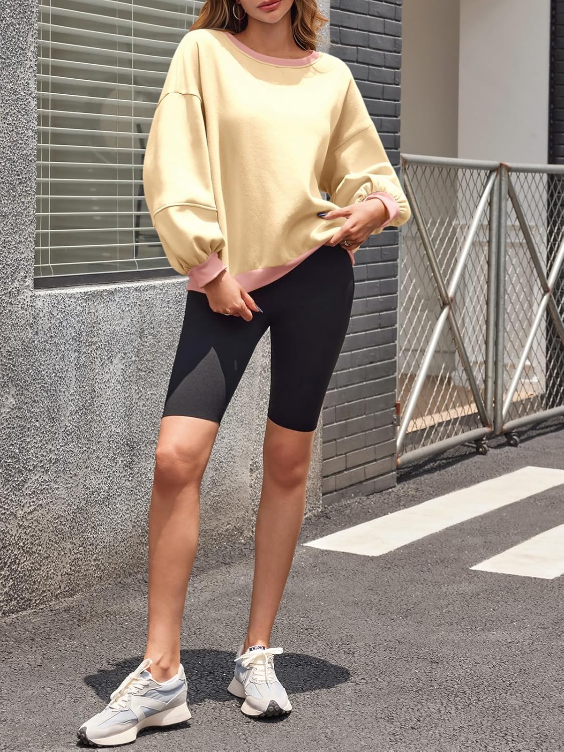 Fisoew Womens Oversized Sweatshirts Crewneck Long Sleeve Pullover 2025 Cute Color Block Casual Fleece Y2k Cropped Tops - Image 5