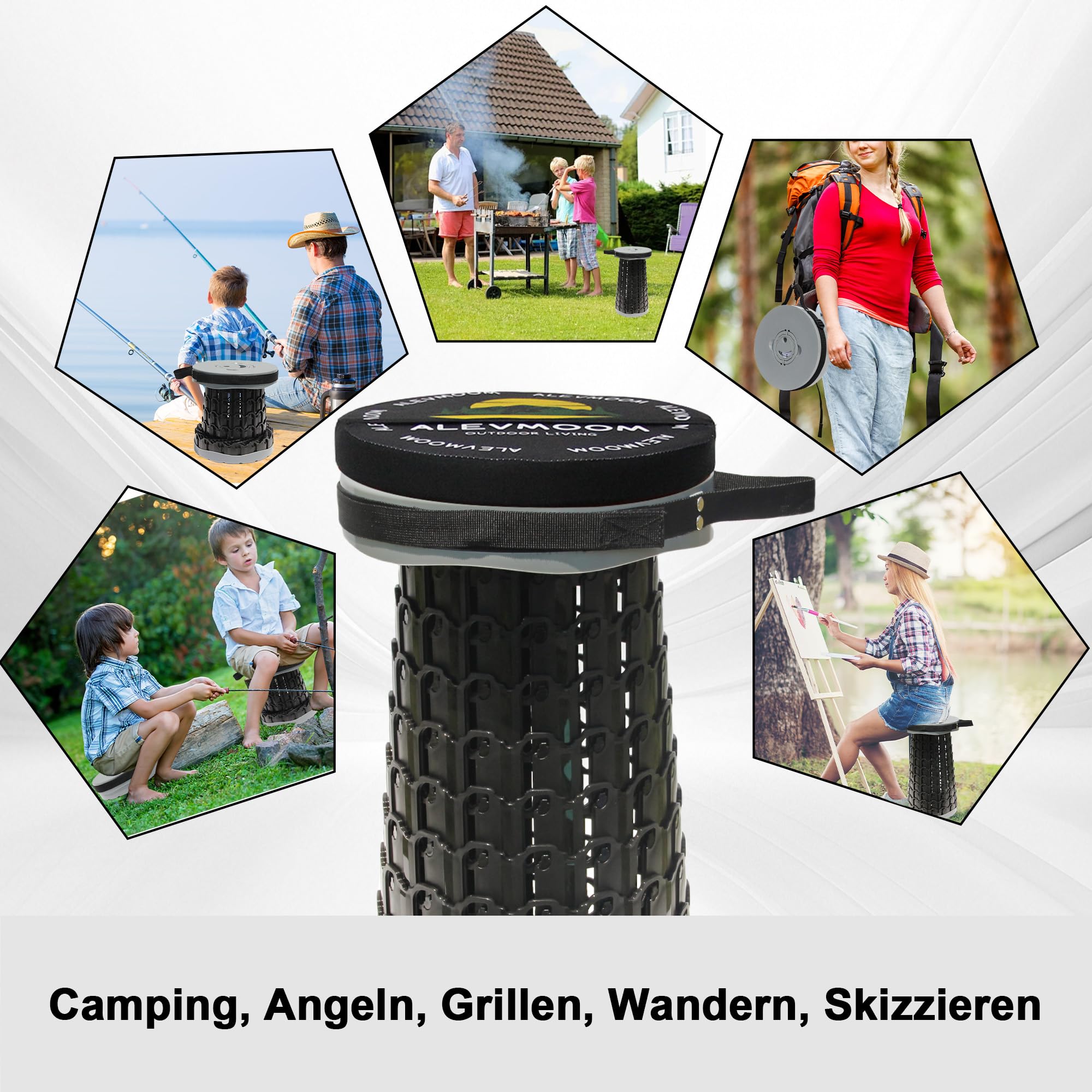 ALEVMOOM Klapphocker Teleskophocker mit Kissen Karabiner Tragetasche Camping-Hocker 360kg