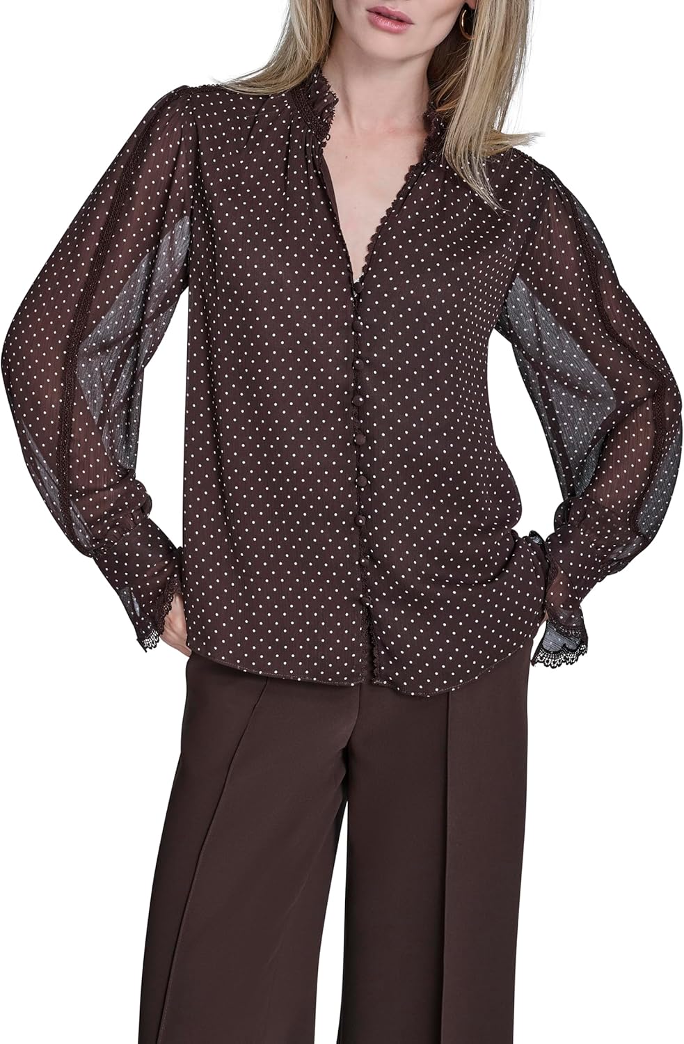 BCBG Womens Ruffle Collar Button Down