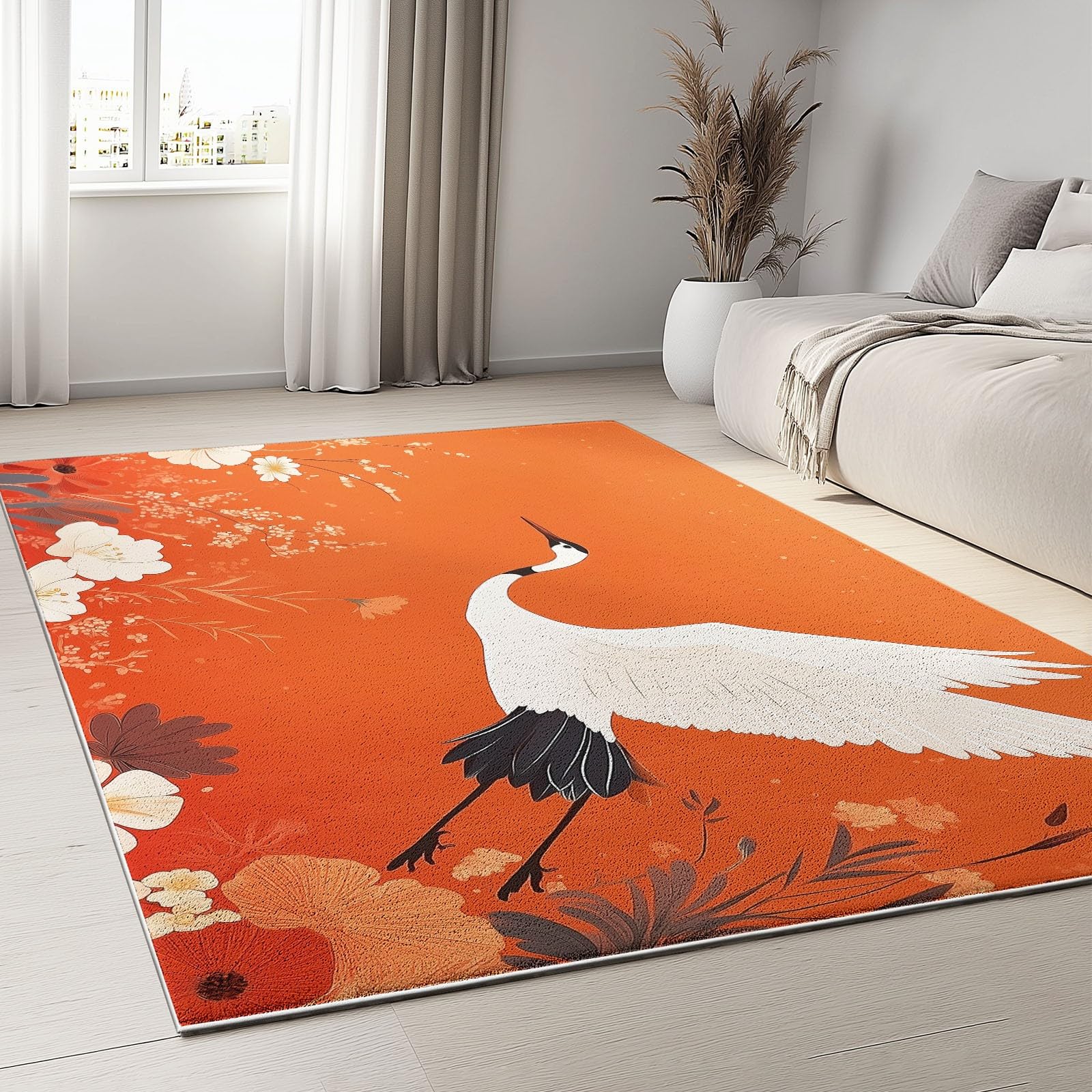 Dywan do salonu z krótkim włosiem Ptaki Prosty i elegancki zmywalny design, dywaniki antypoślizgowe w różnych rozmiarach, dywaniki do salonu sypialni 120 x 180 cm, pomarańczowy biały